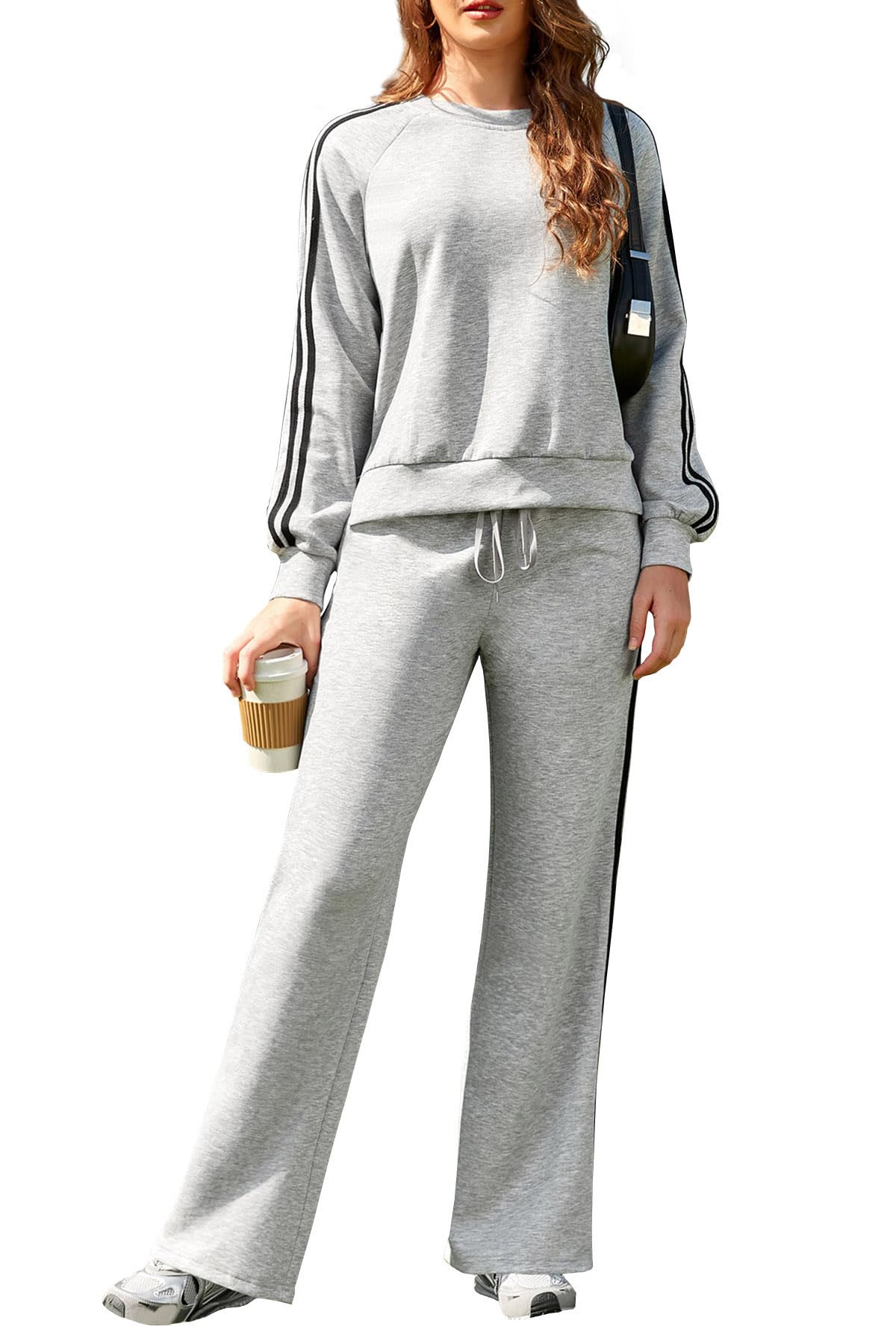 SHEKINI Tuta da donna, set completo per autunno e lounge, a righe a contrasto, casual, girocollo, pullover top, pantaloni da jogging a gamba larga, due pezzi, tuta da viaggio con tasche