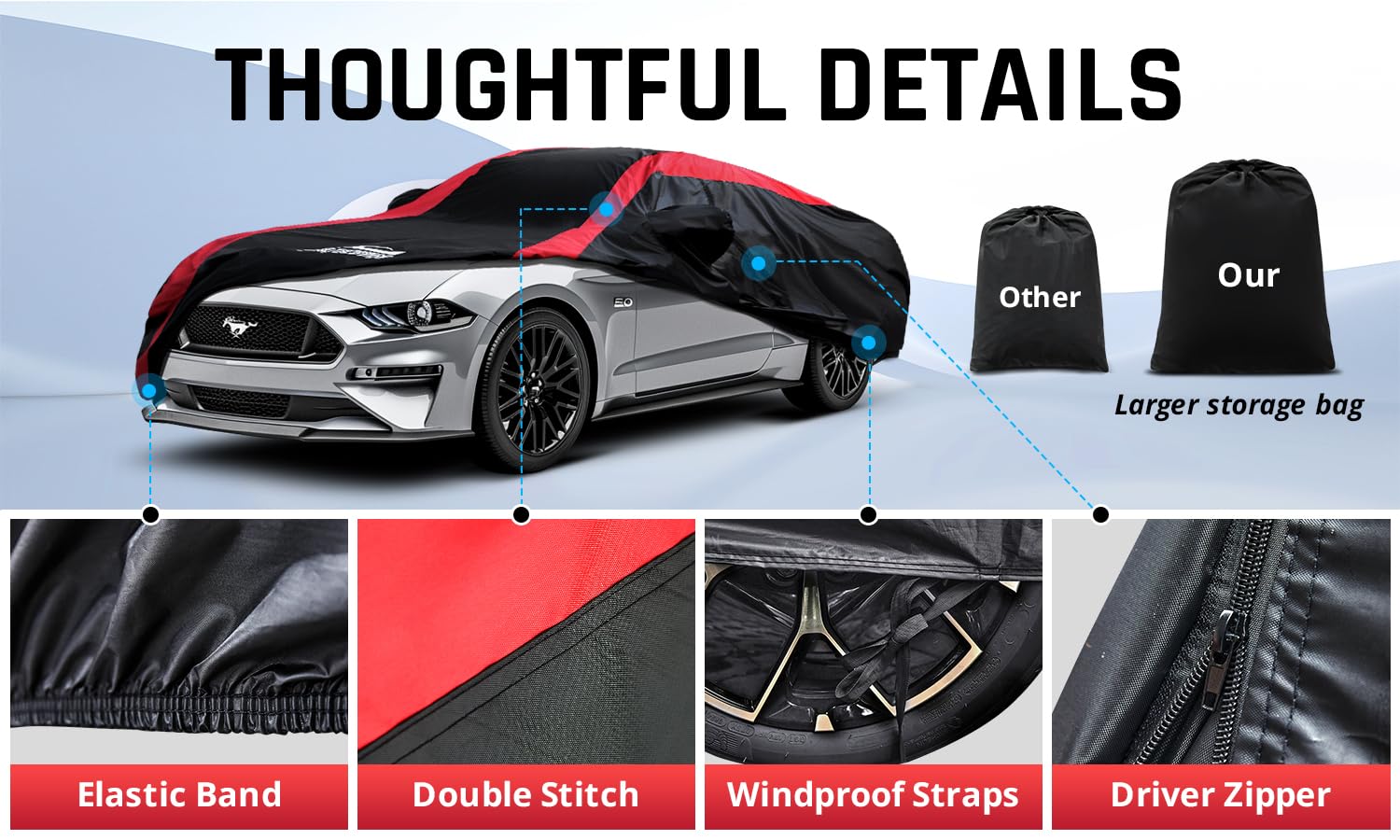 Mustang Car Cover Waterproof All Weather with Red Strip Design Custom Fit for Ford Mustang 1994 2025 Mustang — view 5
