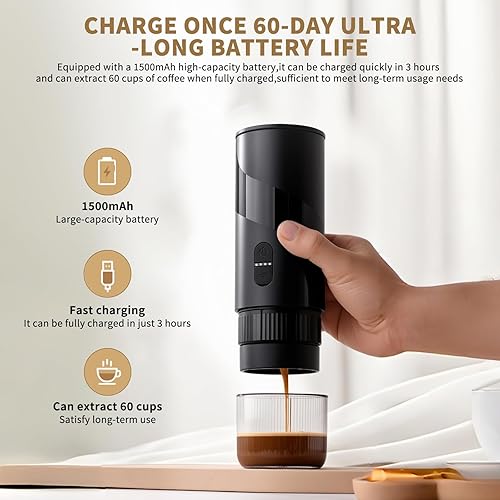 Miniatura 7 de Cafetera portátil, cafetería recargable portátil de viaje con USB-C, 20 bar, cafetera eléctrica para camping y viajes, cafetera de automóvil 3 en 1,