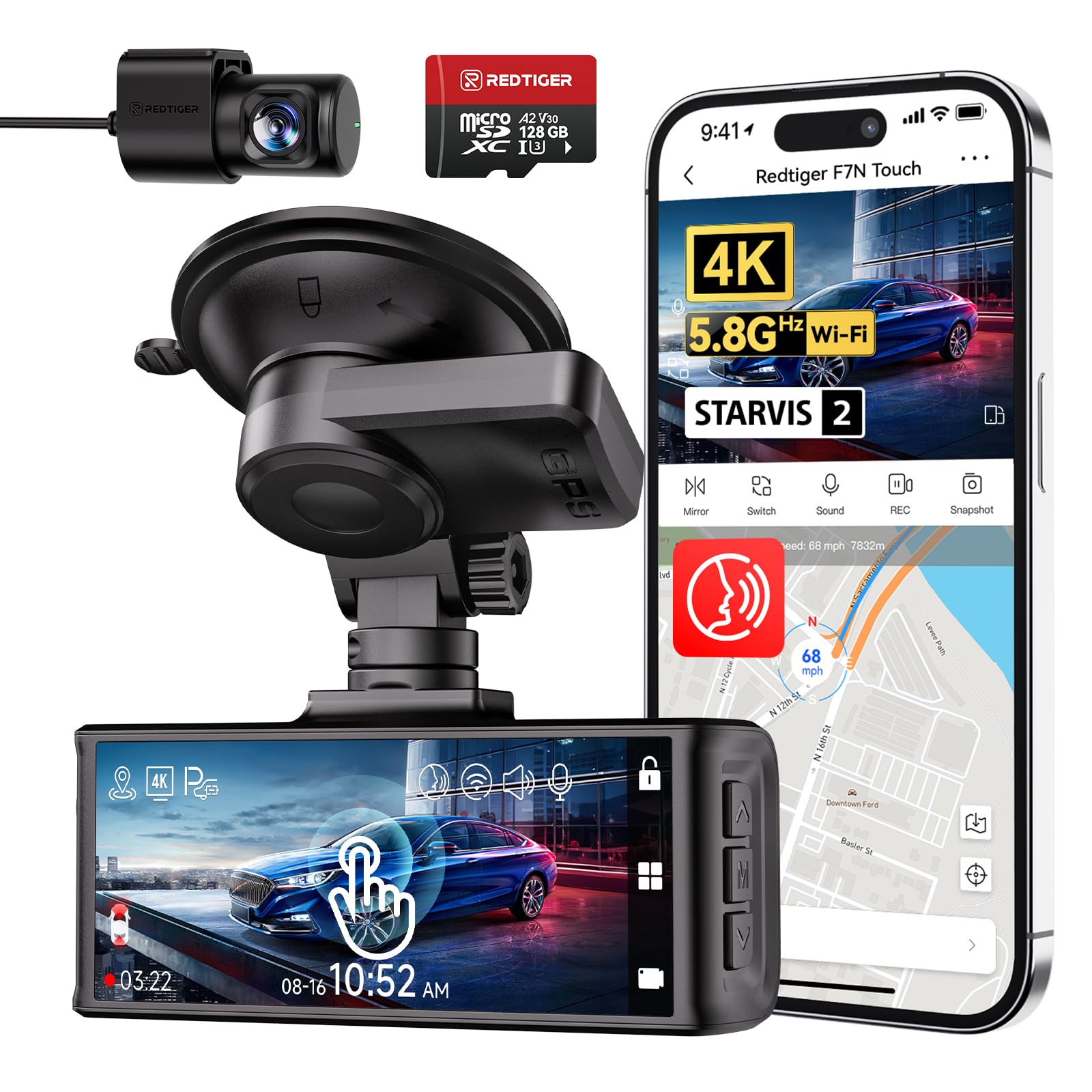 REDTIGER F7N Touch 4K STARVIS 2 Dashcam Auto Vorne Hinten, Sprachsteuerung | Dash Cam Auto 5.8GHz WiFi, Touchscreen 3,18'', GPS, Kostenlose 128GB Karte, 2160P UHD-Nachtsicht, Notfall-Sperre, Parkmonitor – Amazon Angebot