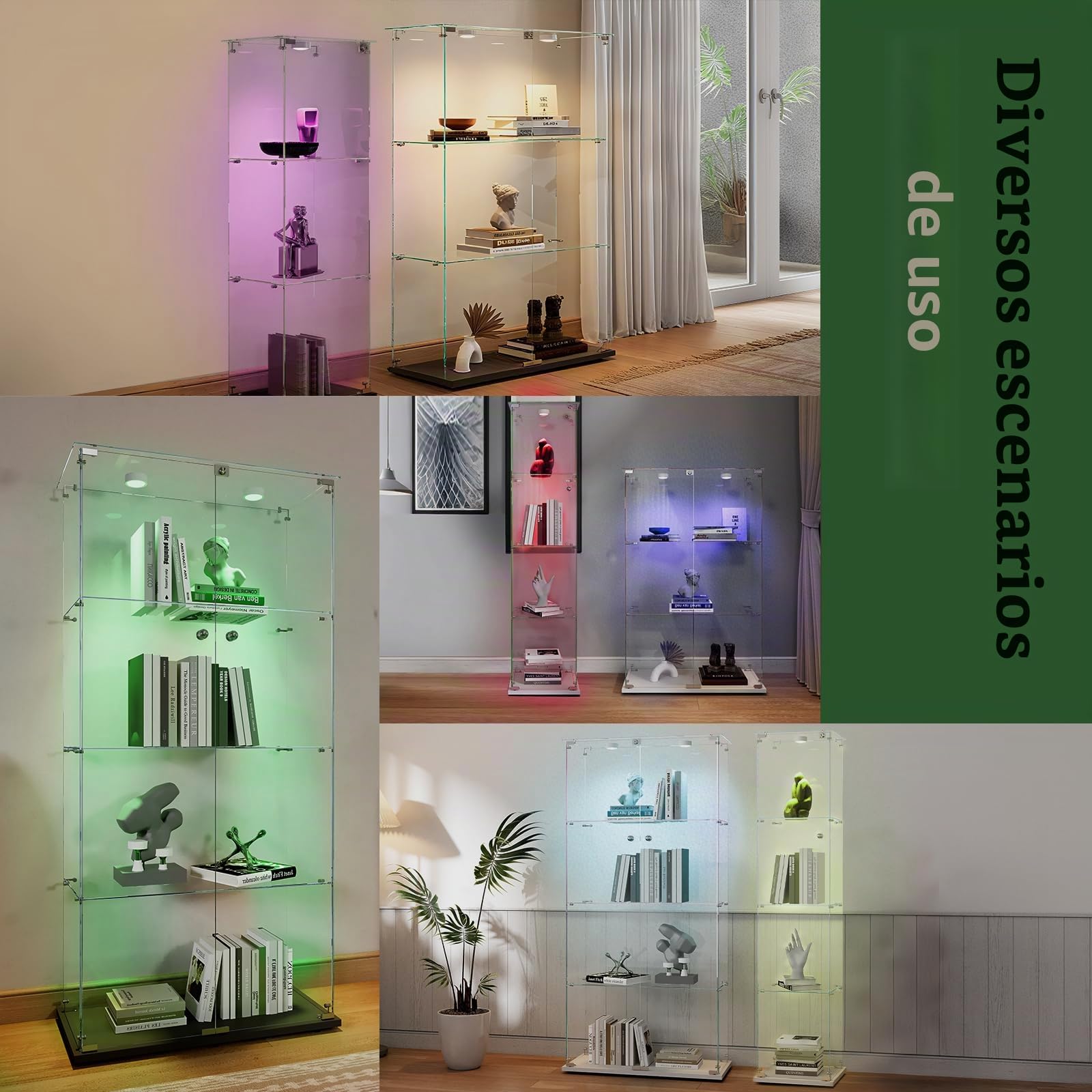 vitrina de cristal con LED, armario para colección transparente, mueble de cristal con 1 puerta y cerradura, 3 estantes, 123x40x35 cm, negro