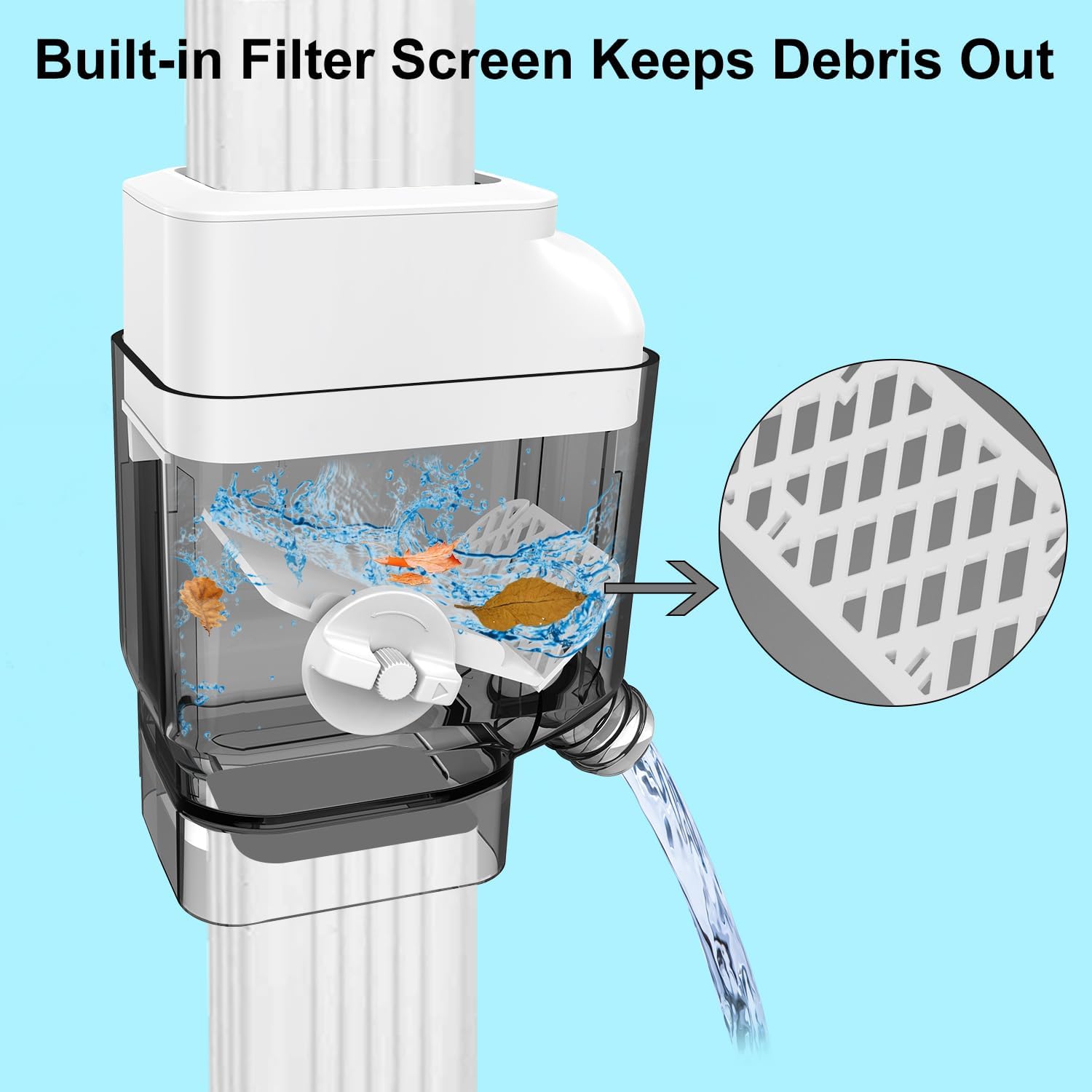 Prestantious Gutter Downspout Diverter with Built-in Filter Screen Fits for 2"x3" and 3"x4" Downspout, Rainwater Collection System with Adjustable Valve and 4ft. Hose, Diverts Large Water Flow, White