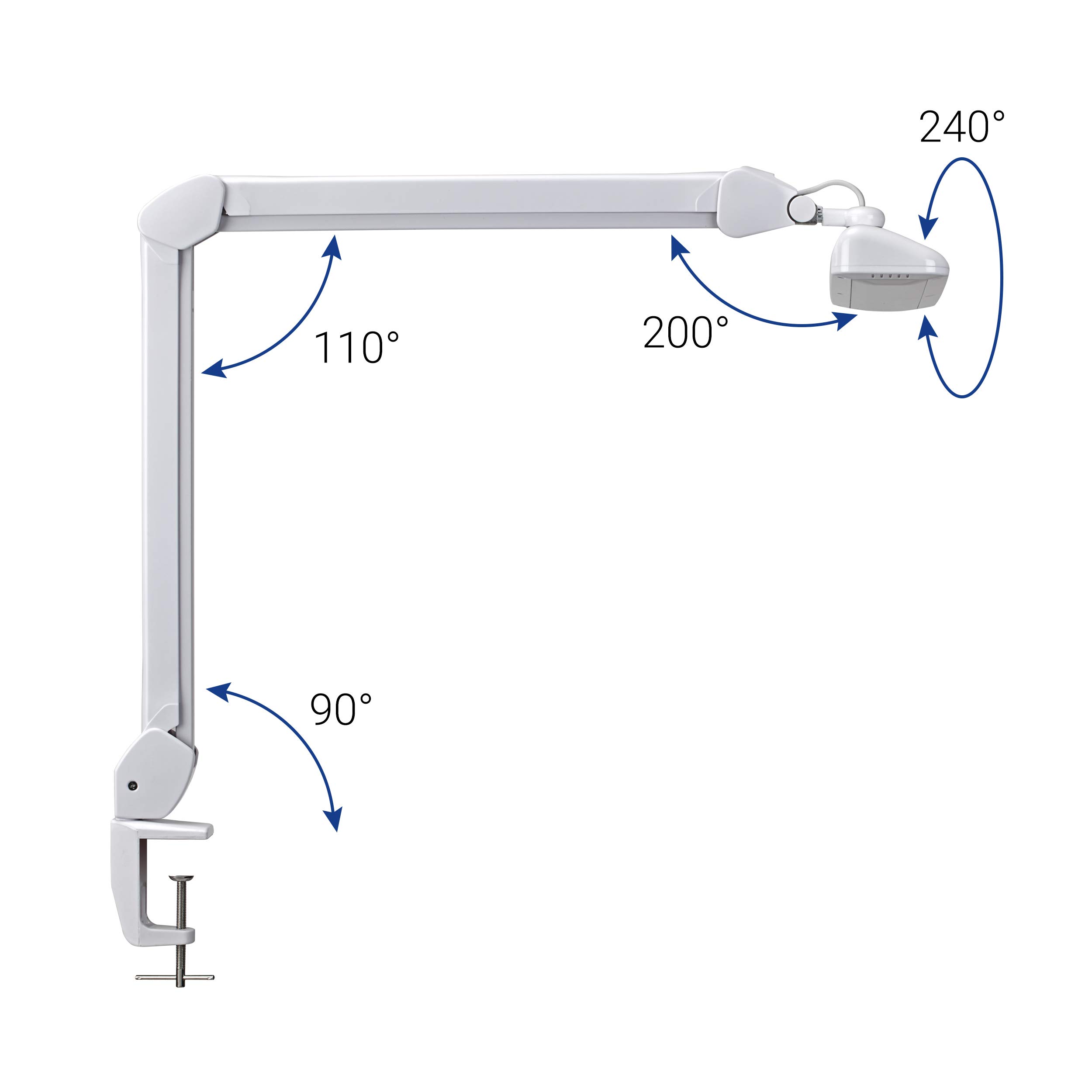 Maul Lámpara LED para el puesto de trabajo MAULintro, atenuable, giro de 360°, pie con pinza de sujeción, blanco.