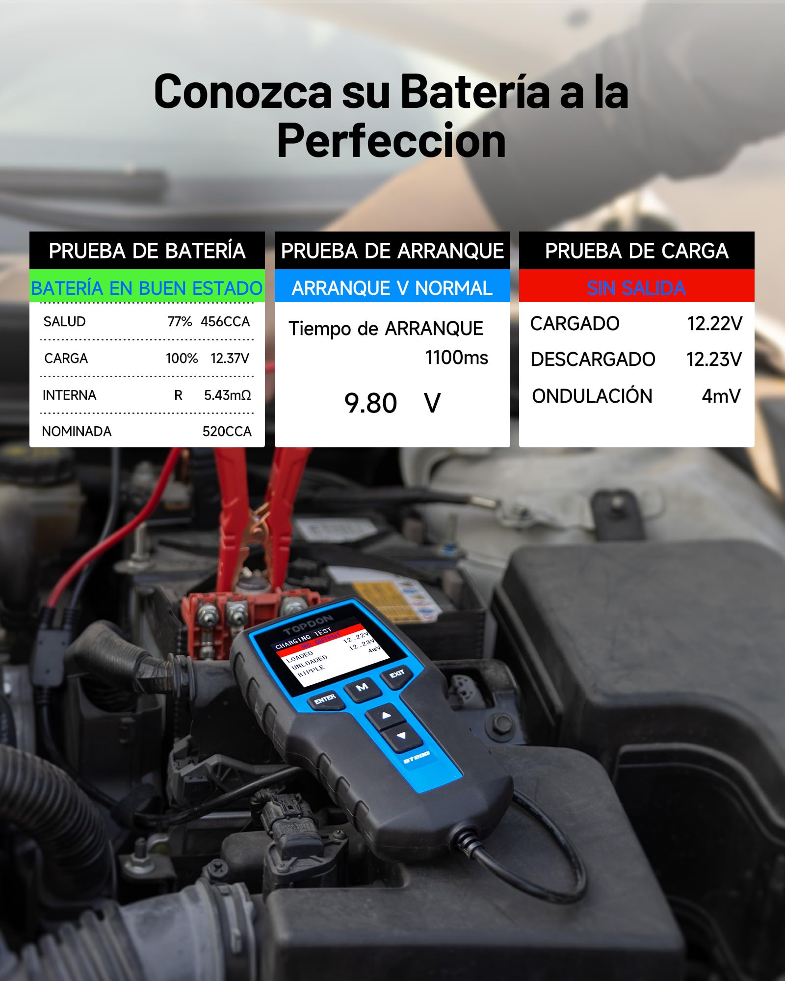 TOPDON BT200 Comprobador de Baterías de Coche, 12V 24V Comprobador de Baterías 100-2000CCA, con prueba de batería, prueba de arranque y prueba del sistema de carga para coches, motos, barcos, SUV