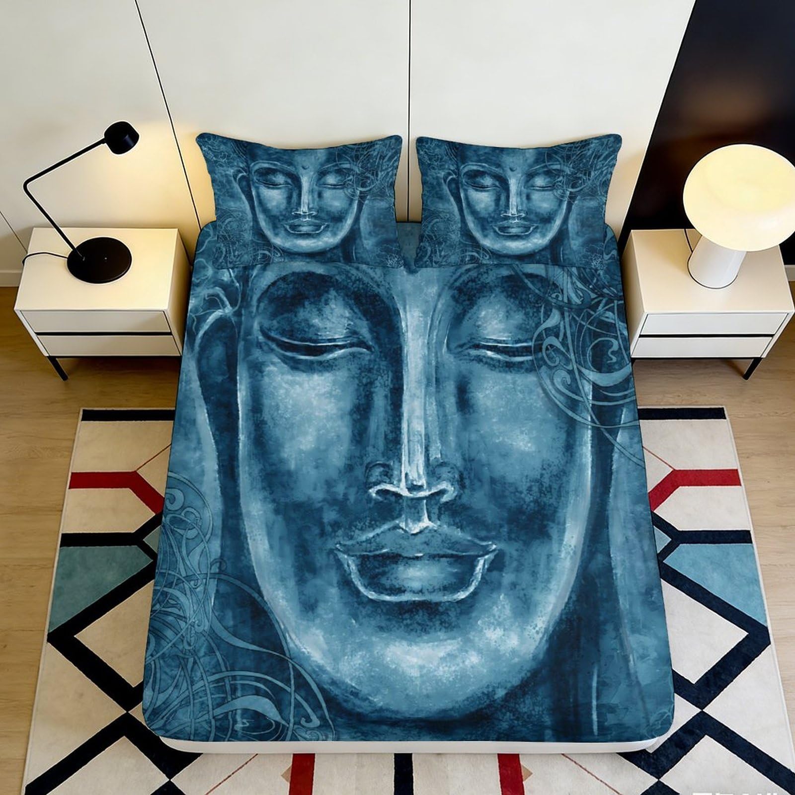3D Printed Abstract Blue Geometry Fitted Sheet Microfiber Breathable Modern Pattern Mattress Cover Bedroom Decor 90x200x25cm
