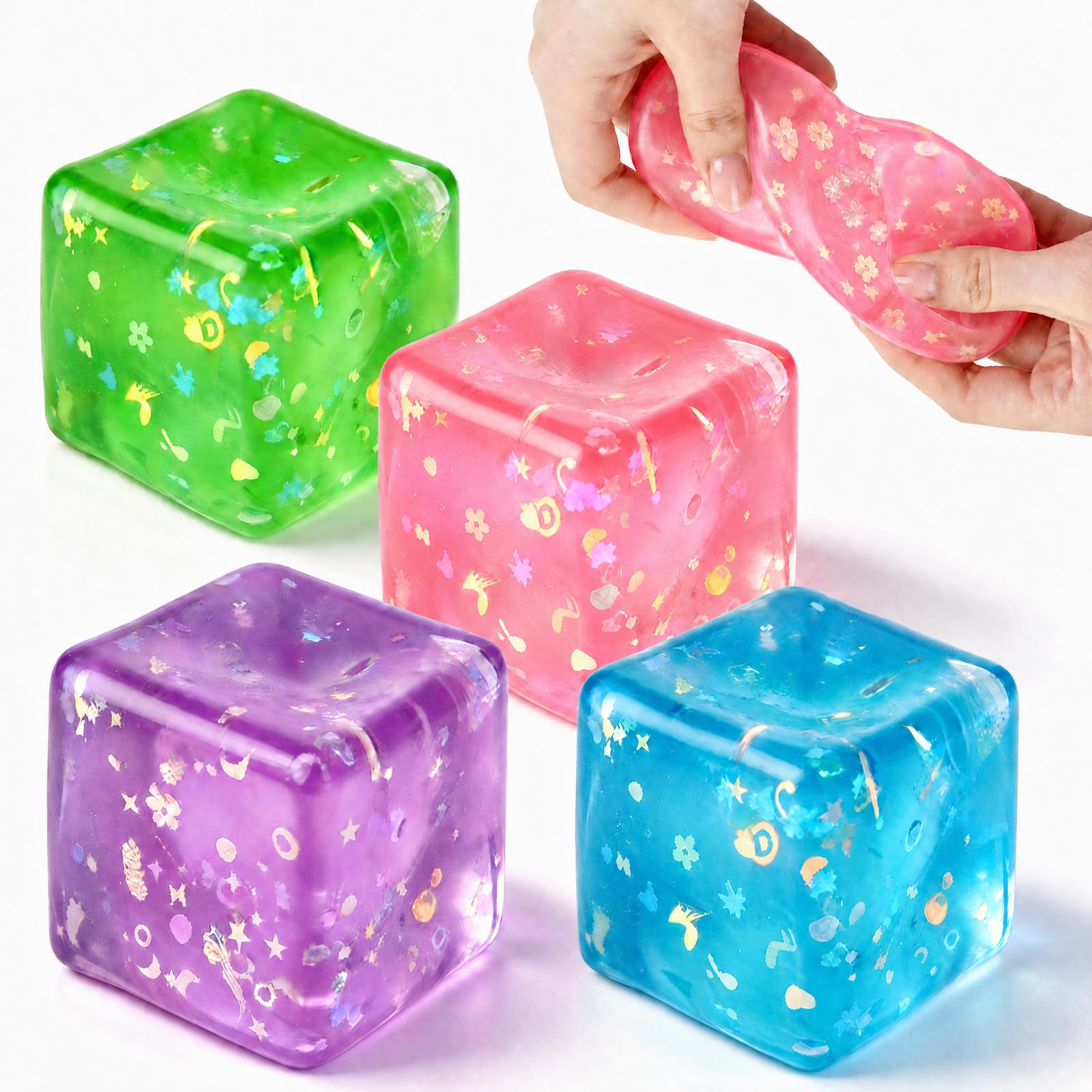 Glitter Cube Squishy Fidget Toys, 4Pcs Ice Cube Stress Ball Sensory Toys
