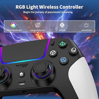 Wireless Controller for PS5 with RGB LED,TURBO, Dual Vibration, 6 Axis Gyro Sensor, Touchpad, Ergonomic for Playstation 5 Controller, Compatible with PlayStation 5/PC/Mac, Anti-Slip Black and White