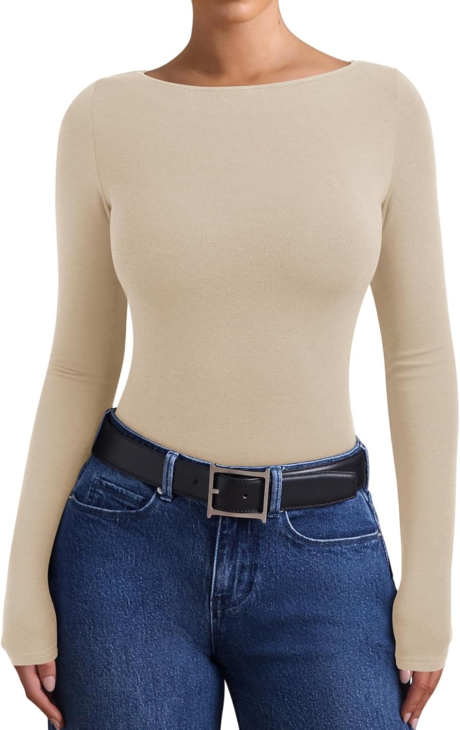 PINKMSTYLE Womens Boat Neck Basic Long Sleeve Tops Slim Fit Business Casual Going Out Top - Image 3