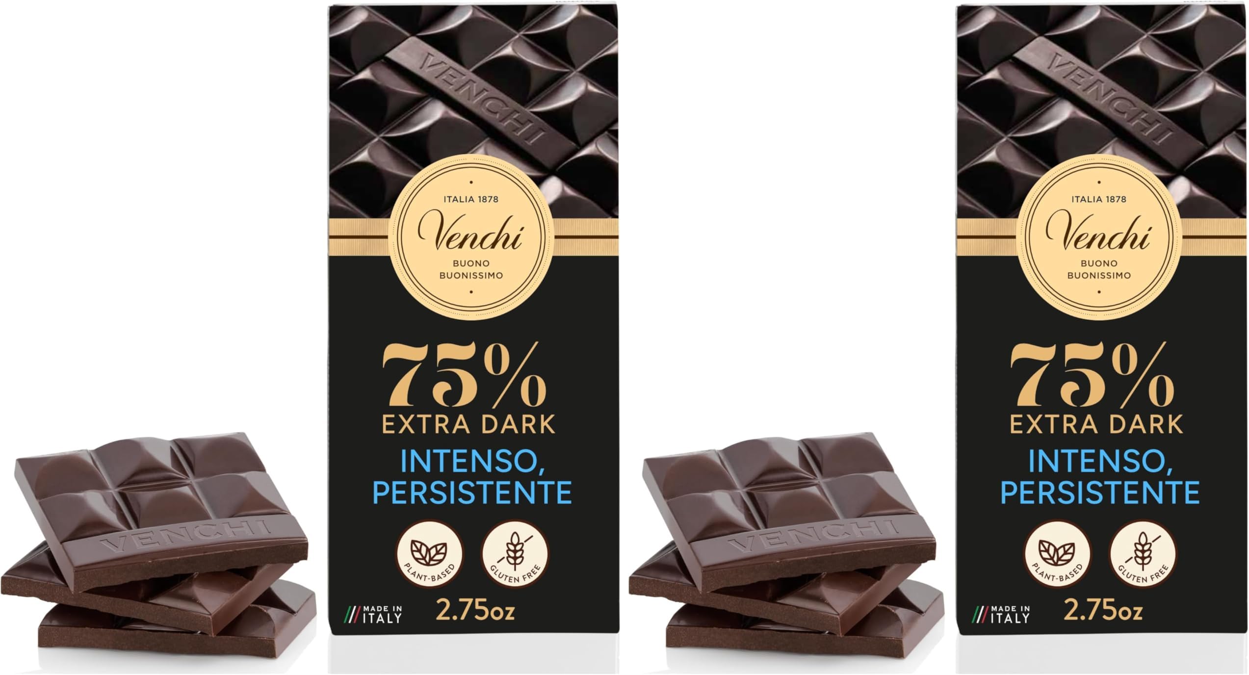 Venchi Cuor di Cacao 75% Dark Chocolate Bar 100g- Fine Cocoa Blends - Gluten Free (Pack of 2)