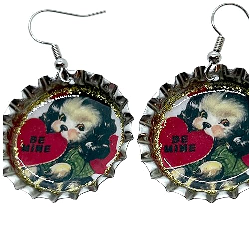 Miniatura 2 de Vintage Valentine Puppy, Bottle Cap Earrings, Retro Jewelry, Be Mine