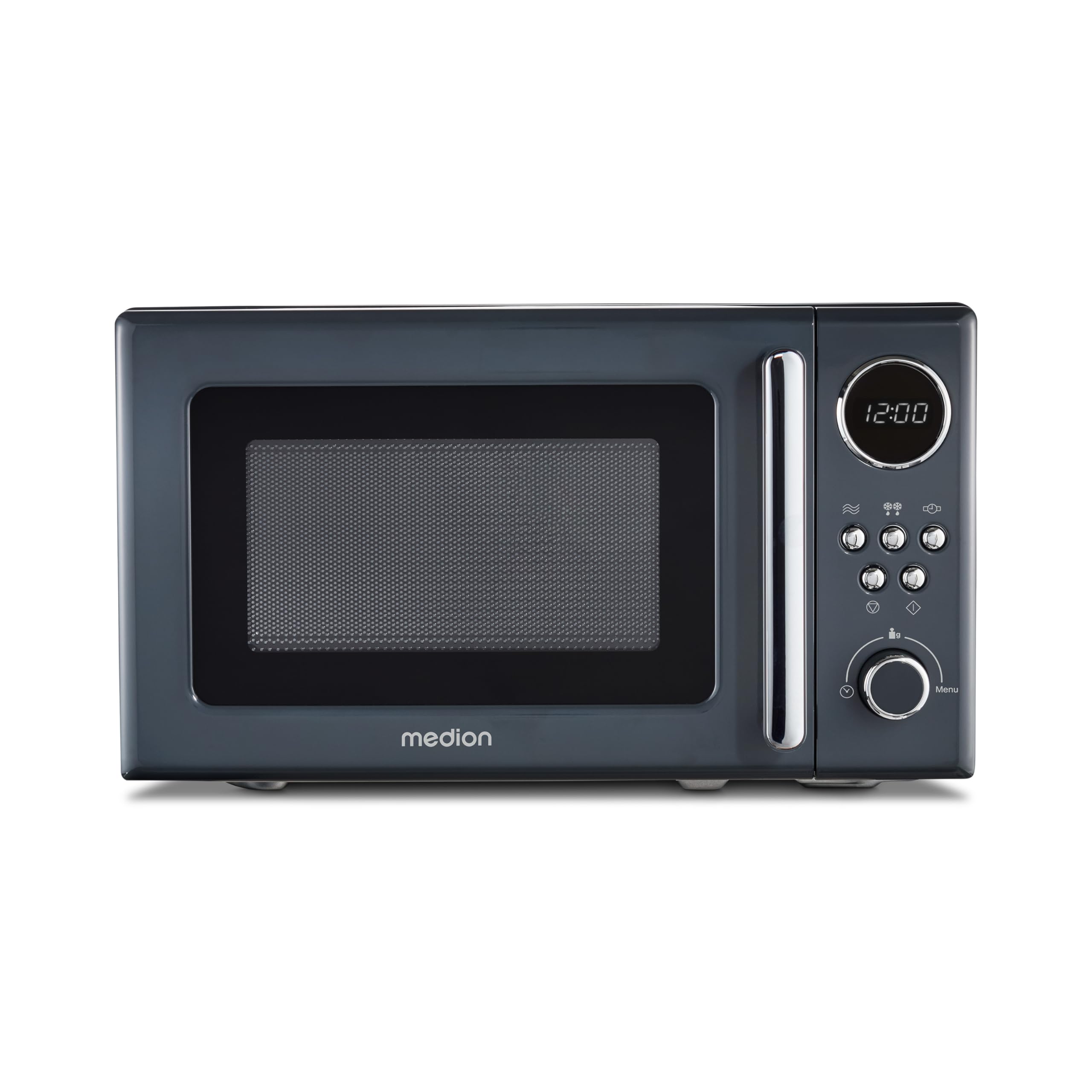 Microondas retro MEDION (20 litros, aprox. 800 vatios, 5 posiciones de microondas, 8 programas automáticos, pantalla digital, función de descongelación, compacto, MD15000) gris