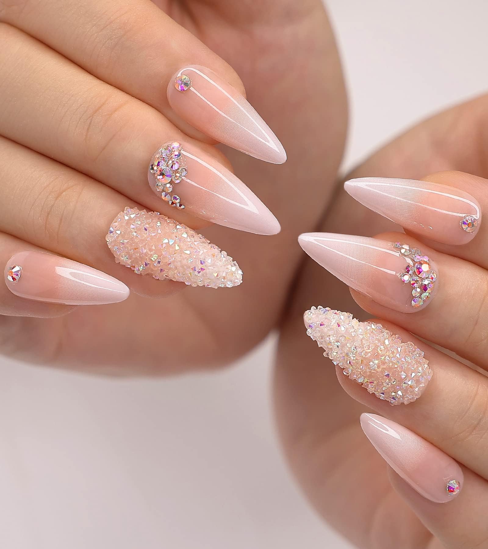 24Pcs Ombre Press on False Nails with Design Glossy Pink Stiletto Fake Nails Kit Medium Length Long Luxury Crystal Acrylic Stick on Nails Tips Artificial Finger Manicure for Women