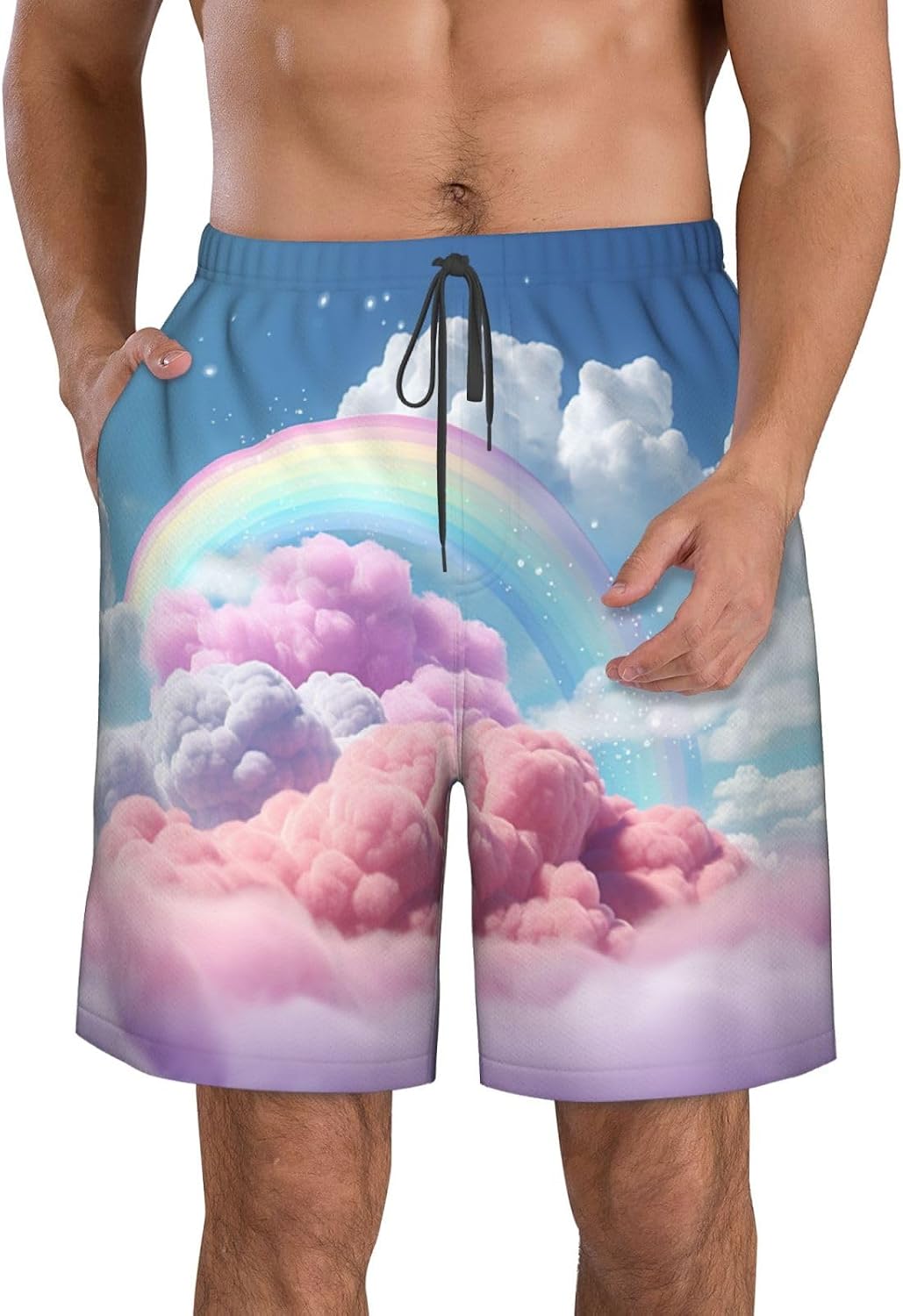 Rainbow Clouds Print Mens Casual Shorts Drawstring Summer Beach Stretch Shorts Novelty Swimtrunks
