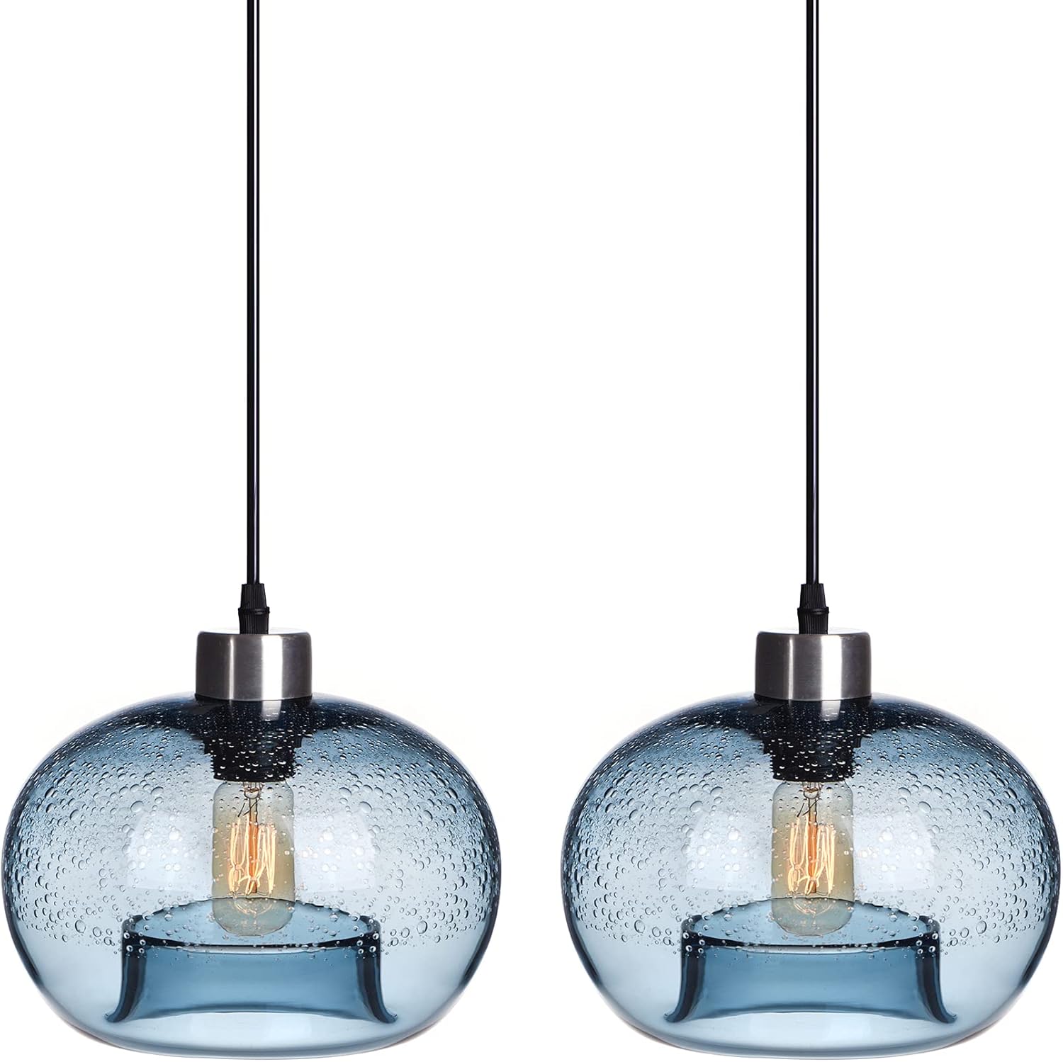 CASAMOTION Pendant Lighting Blown Glass Kitchen Island Light Modern Blue seeded Color Dining Room bar Bed Table Over Sink Brushed Nickel 9inch diam - - 