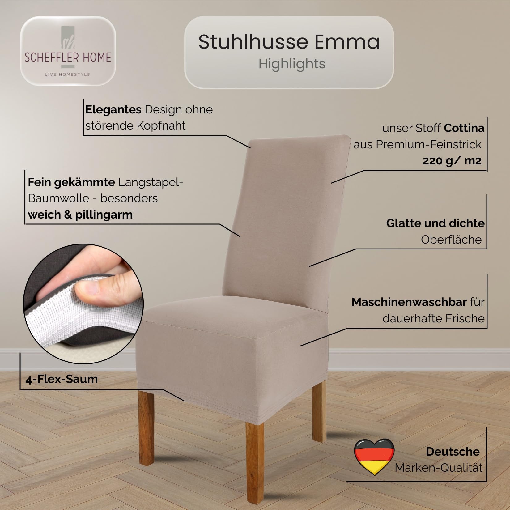 Scheffler Home Stuhlhussen 6er Set Taupe Jersey Baumwolle Emma | Waschbare Stuhlbezüge, Stretch Chair Cover für Hochlehner, Polsterstühle und Esszimmerstühle, Öko-Tex zertifiziert