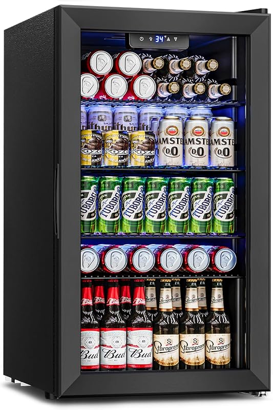 Feelfunn 26 Bottle 126 Can Wine Cooler, 3.2CuFt Mini Fridge with Glass Door | 34-64°F, <36dB, 4 adjustable shelves, for beer, soda, water in bedroom, office, home bar, dorm