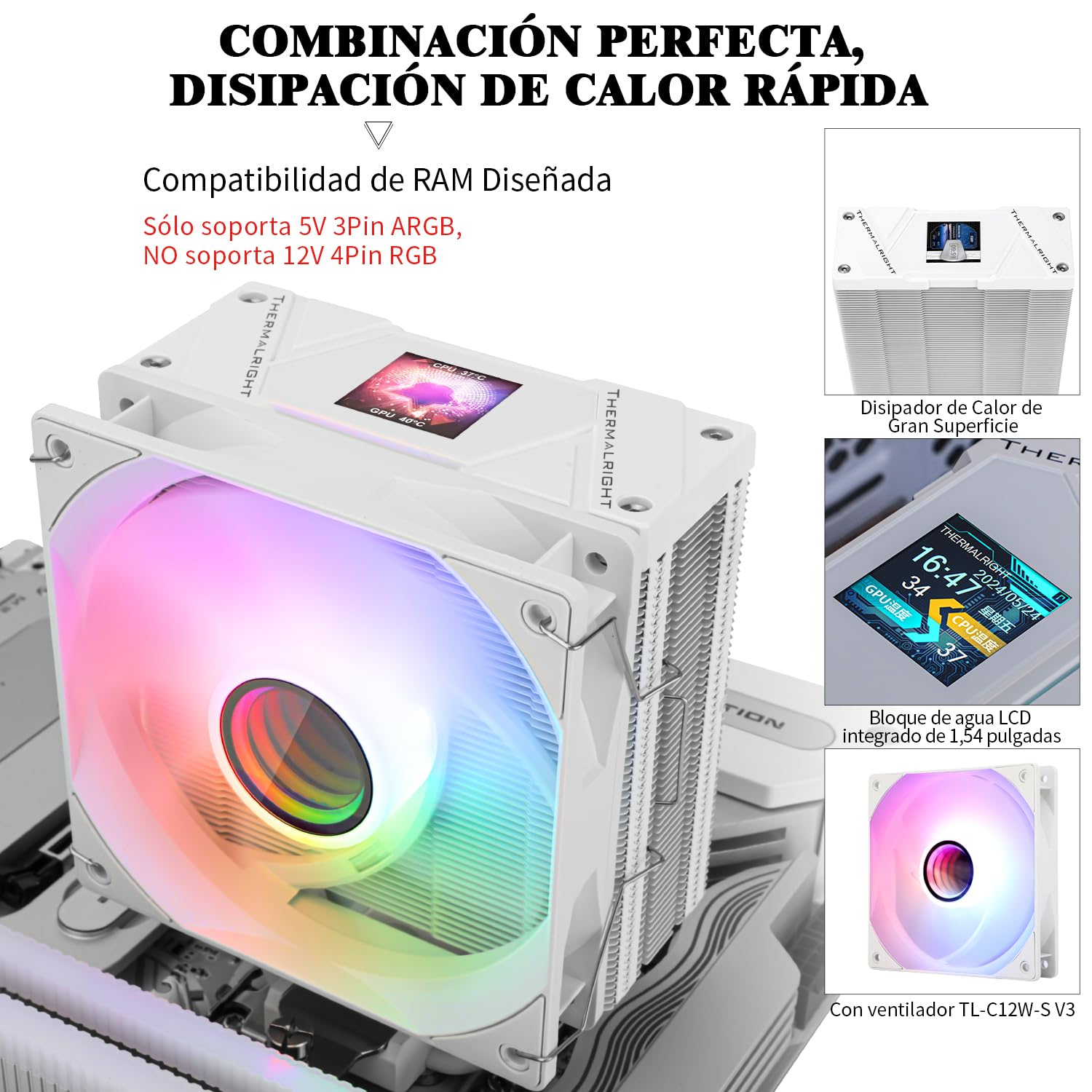 Thermalright Assassin Spirit 120 Vision ARGB Raffreddatore CPU bianco, raffreddamento della CPU dello schermo del PC con potenza di risoluzione 1.54 pollici, 240 x 240, per AM5 e LGA1700/1851