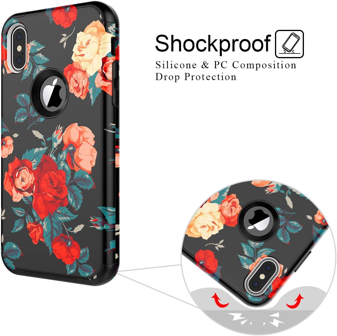 WeLoveCase iPhone X Case, Shockproof Armor Defender Case High Impact Heavy Duty Hard PC with Soft Bumper 3 in 1 Protective Cover with Flower Floral Printed Pattern Design for iPhone X - Bbellamy Red