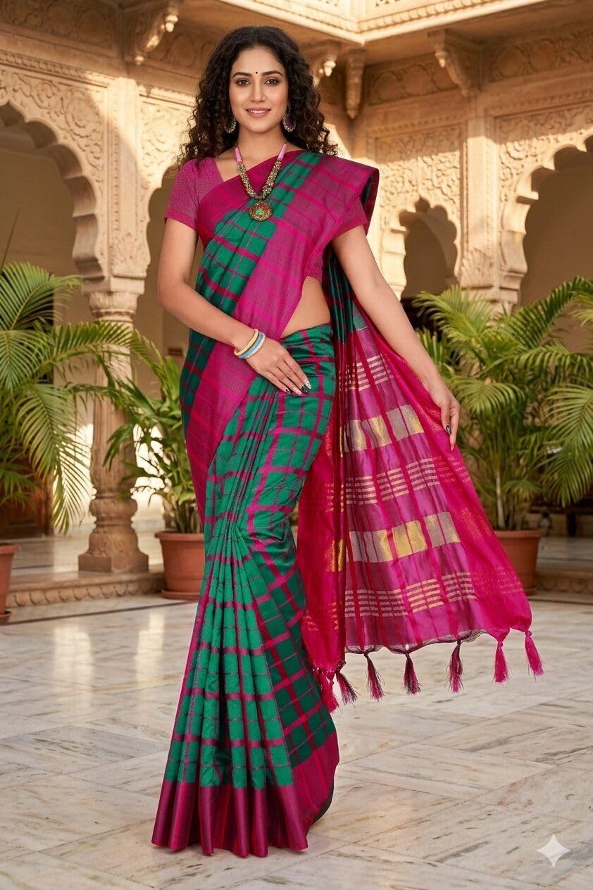 New Cotton Silk Fabric Daily Wear Check saree For Women's-image-37