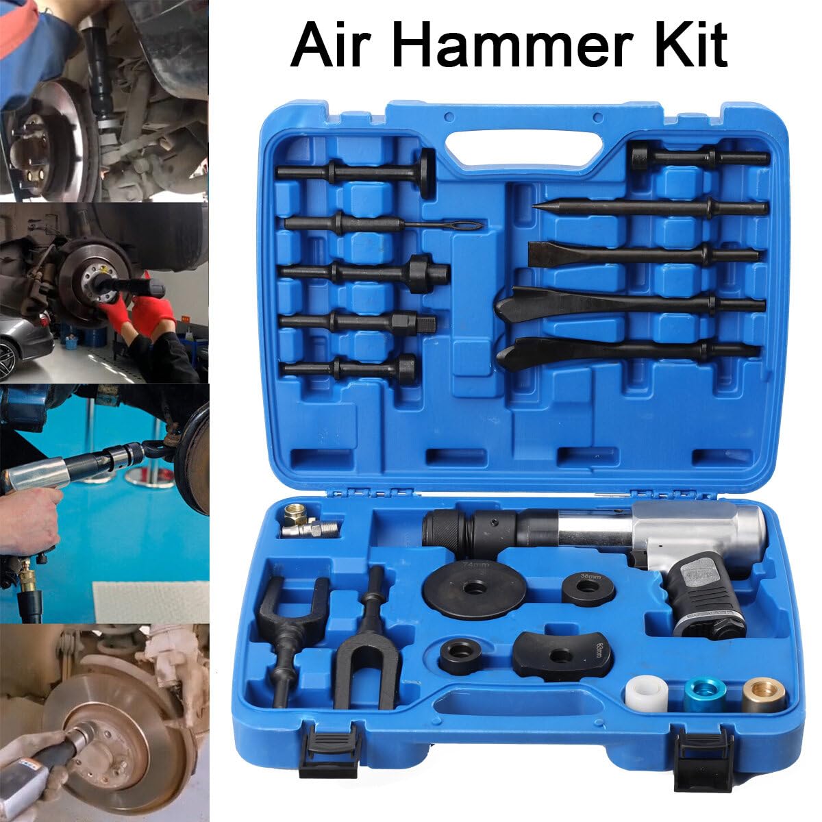 15tlg Vibro Druckluft Meißelhammer Satz, Vibro-Druckluftmeißel Air Hammer Kit Schlaghammer Ball Joint Dismantling Hammer mit Meissel, 2200r/min Mit Schnellwechselfutter Rückschlagdämpfung