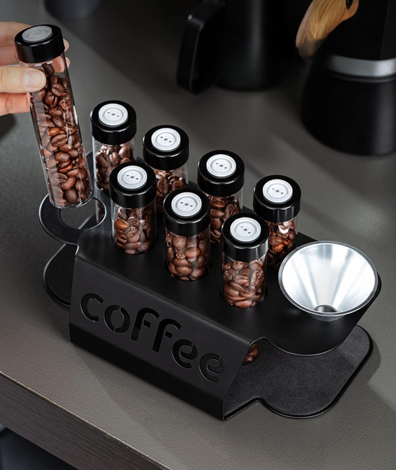bangminda 8 Pack Coffee Bean Cellar Tubes, Single Dose Coffee Beans Storage with One-Way Exhaust Valve, Espresso Dosing Vials with Stand & Hopper 2 fl oz