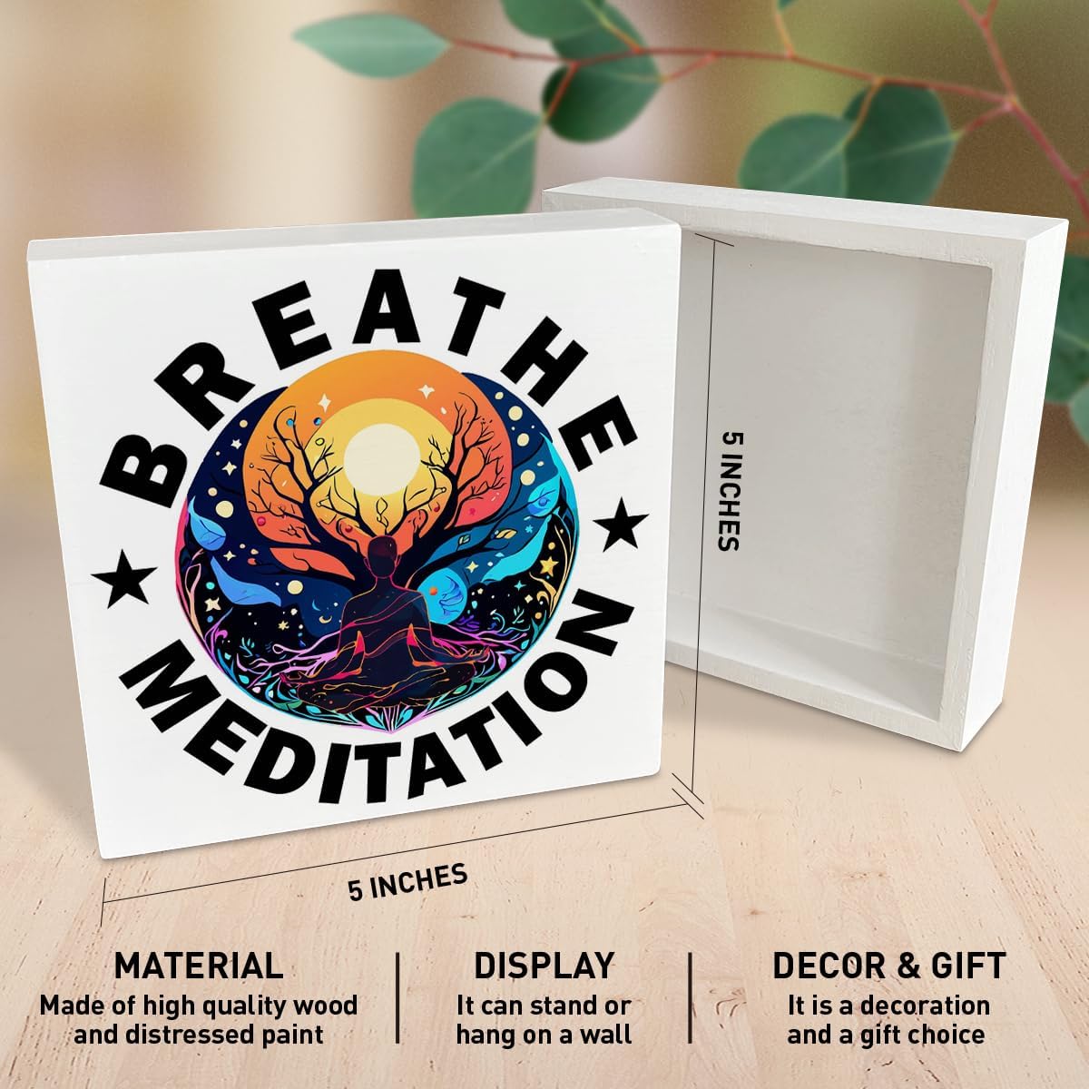 Yoga Room Desk Wooden Box Sign Decor, Meditation Zen Den Room Wood Box Sign Decorations, Spiritual Room Decor, Meditation Gifts for Women Men Yoga Lover, Breathe Meditation image 2