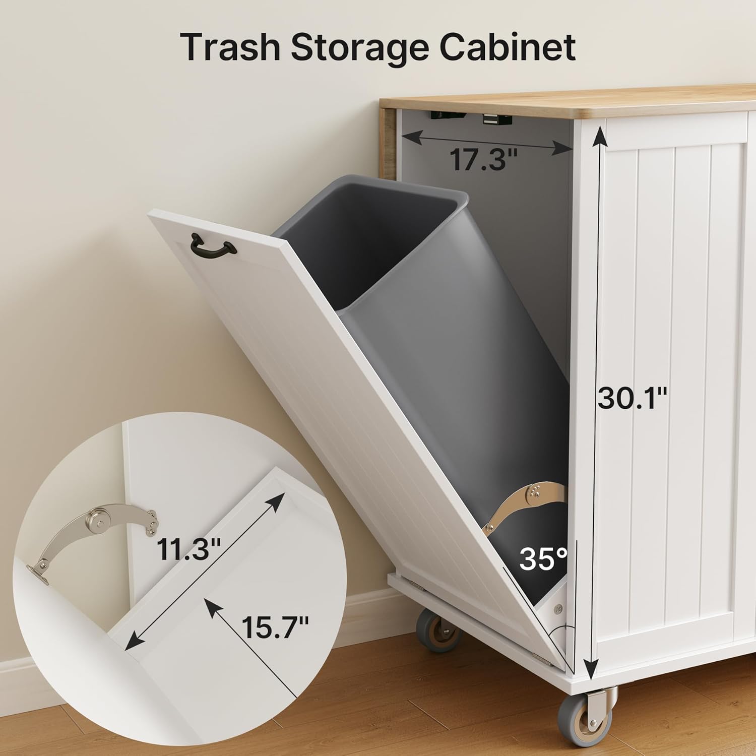 Ahomly Kitchen Island with Storage, 44.49" Kitchen Island with Trash Can Storage, Drop Leaf Rubberwood Top, Knife Holder, Adjustable Shelf, Towel Bar, Drawer, Spice Rack, White