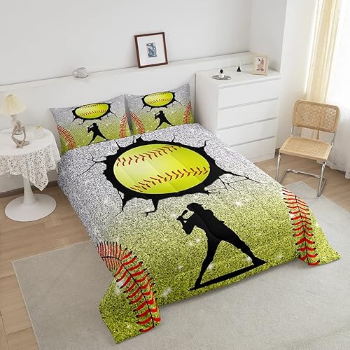 Miniatura 3 de Erosebridal Juego de ropa de cama de béisbol tamaño Queen, juego de edredón y juegos de ropa de cama de juegos de sóftbol para niños y niños,
