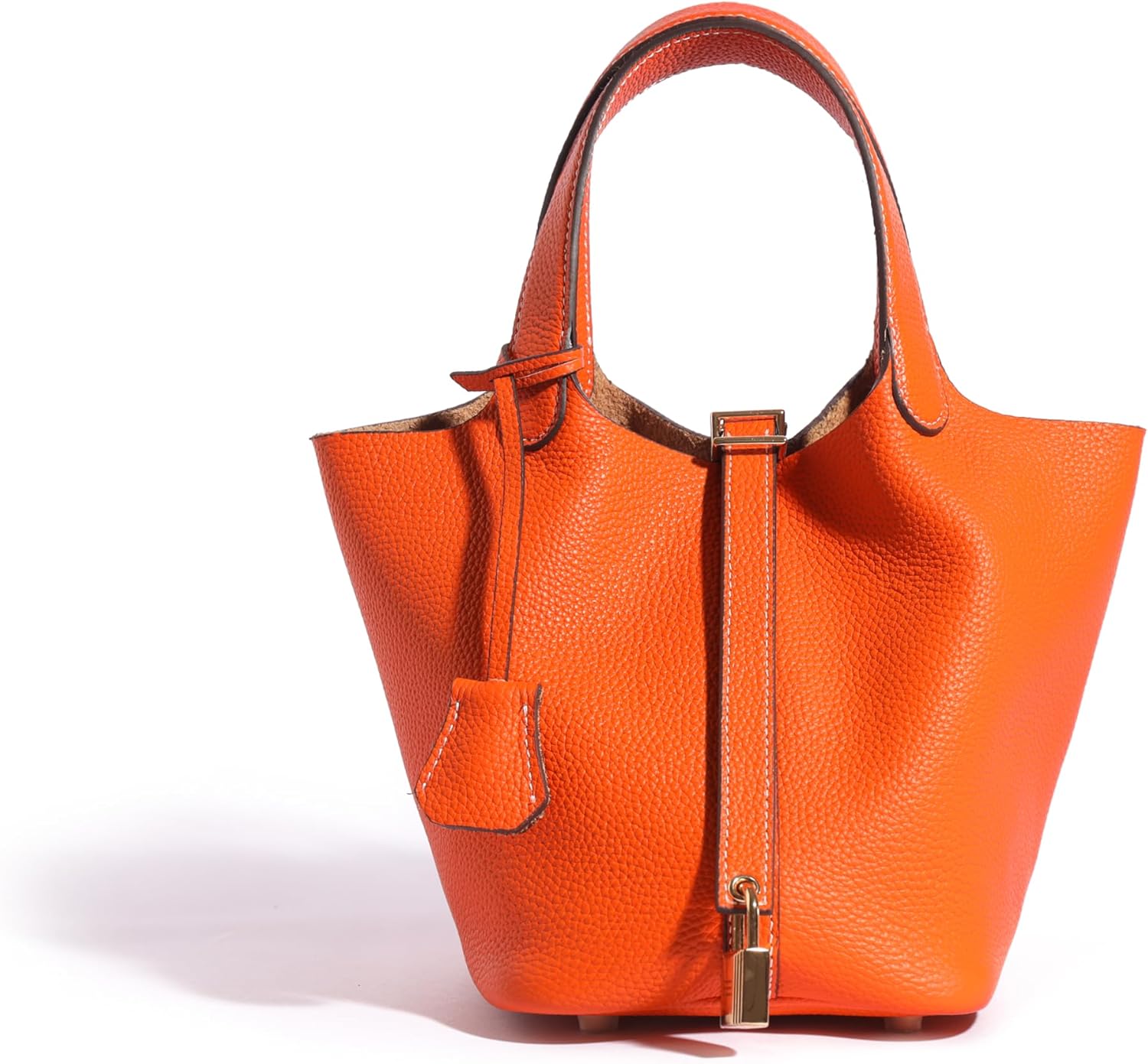 Women's Tote Bag with Decorative Lock, Crafted from Full-Grain Calfskin with a Rich Texture, Available in Black and Beige,
