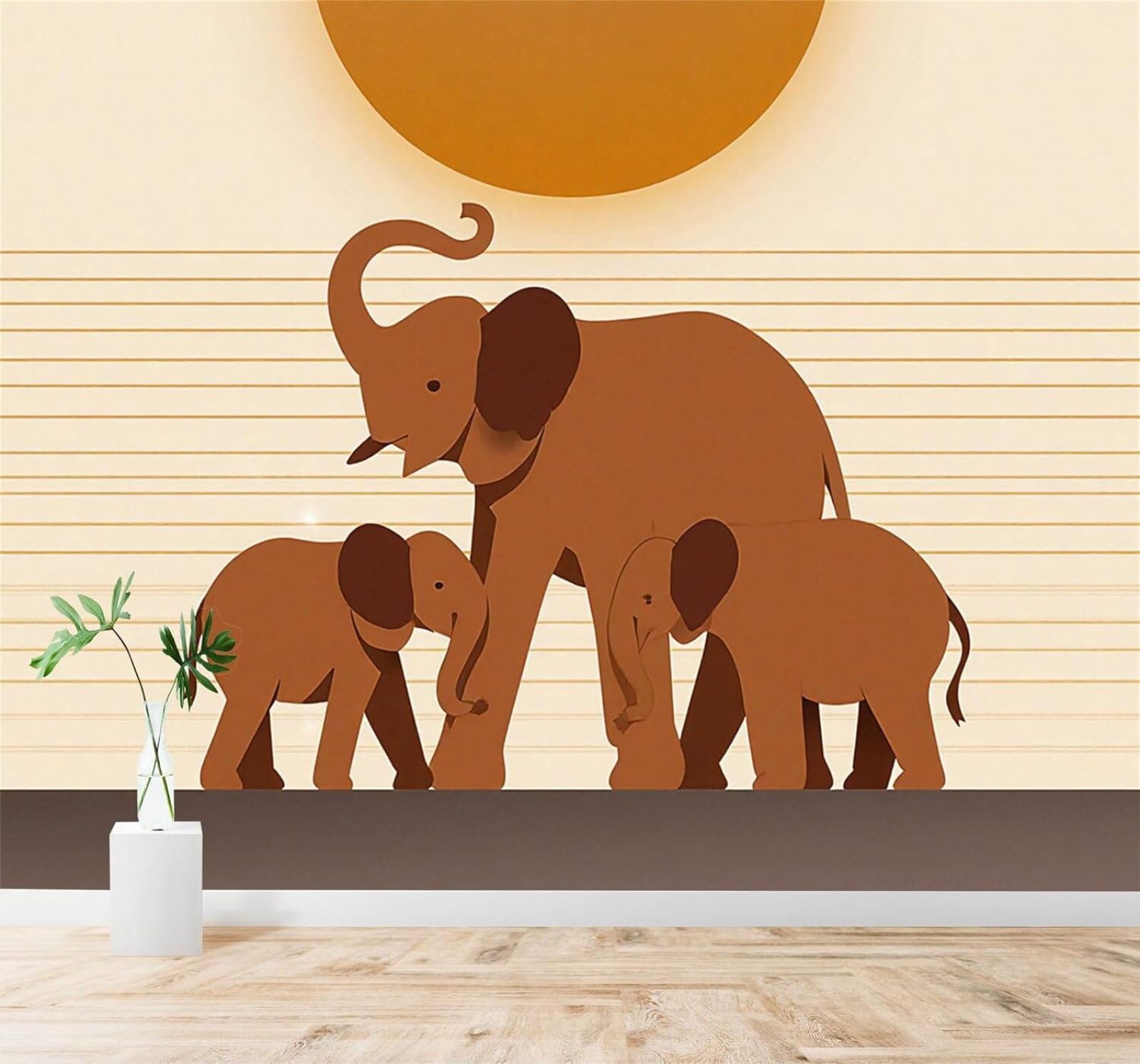 Tzxztt 150Cm×105Cm(B×H) Minimalist Elephant Family Sunset Lines Warm Tones Modern 3D Wallpaper Premium Textured Silk Neutral Tones Material Ideal For Living Room Bedroom-150Cm×105Cm