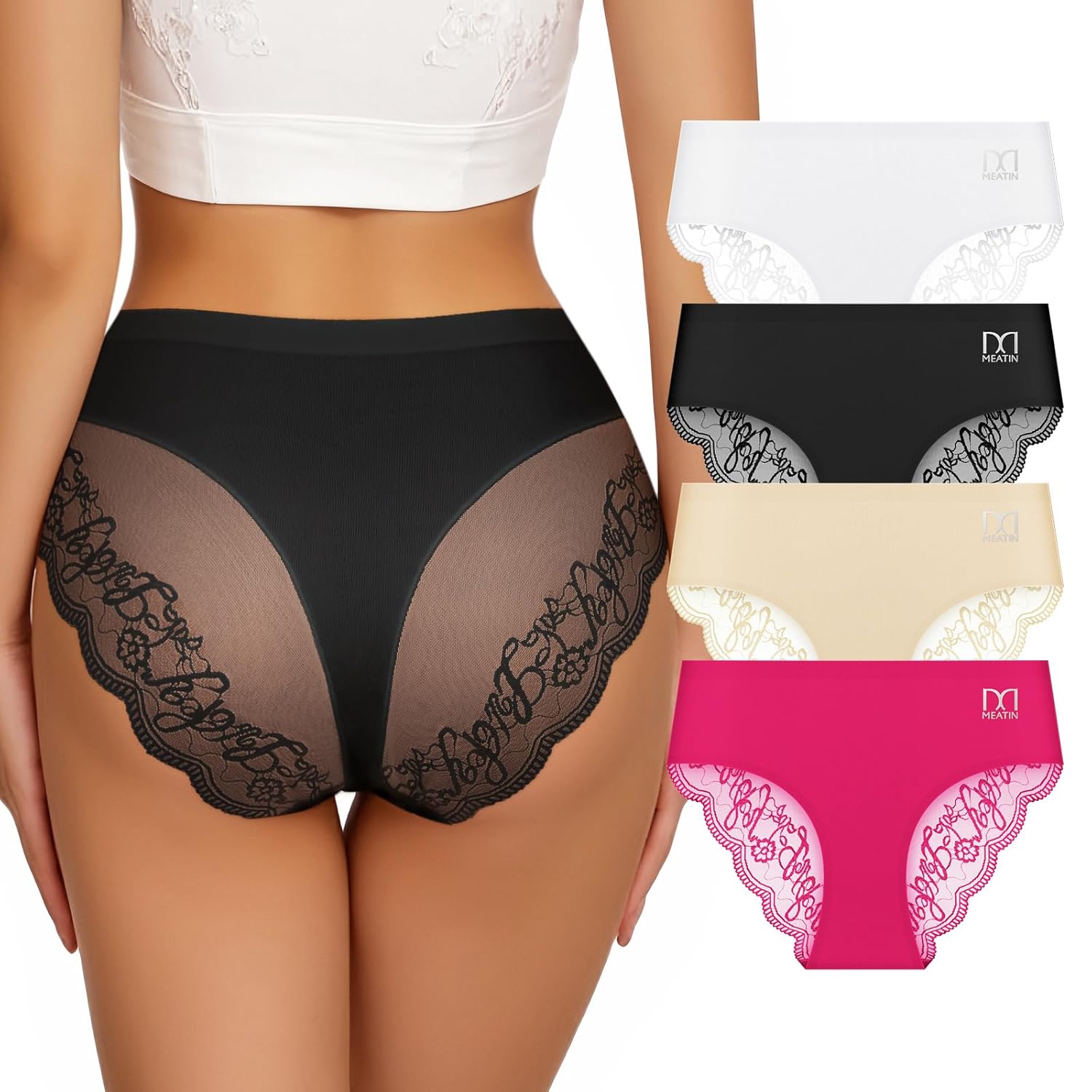 Cheeky Underwear for Women Lace Silky Seamless No Show Bikini Soft Breathe Panties Ladies Sexy Hipster 4Pack