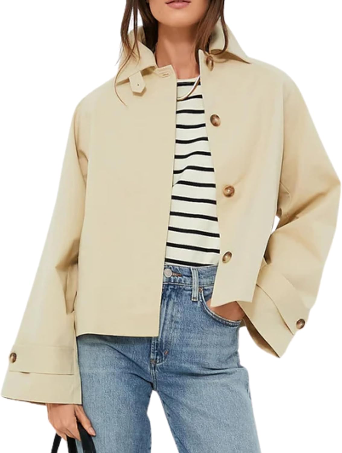 Womens Cropped Trench Coat Lapel Collar Long Sleeve Jackets Fall Short Outerwear with Pockets