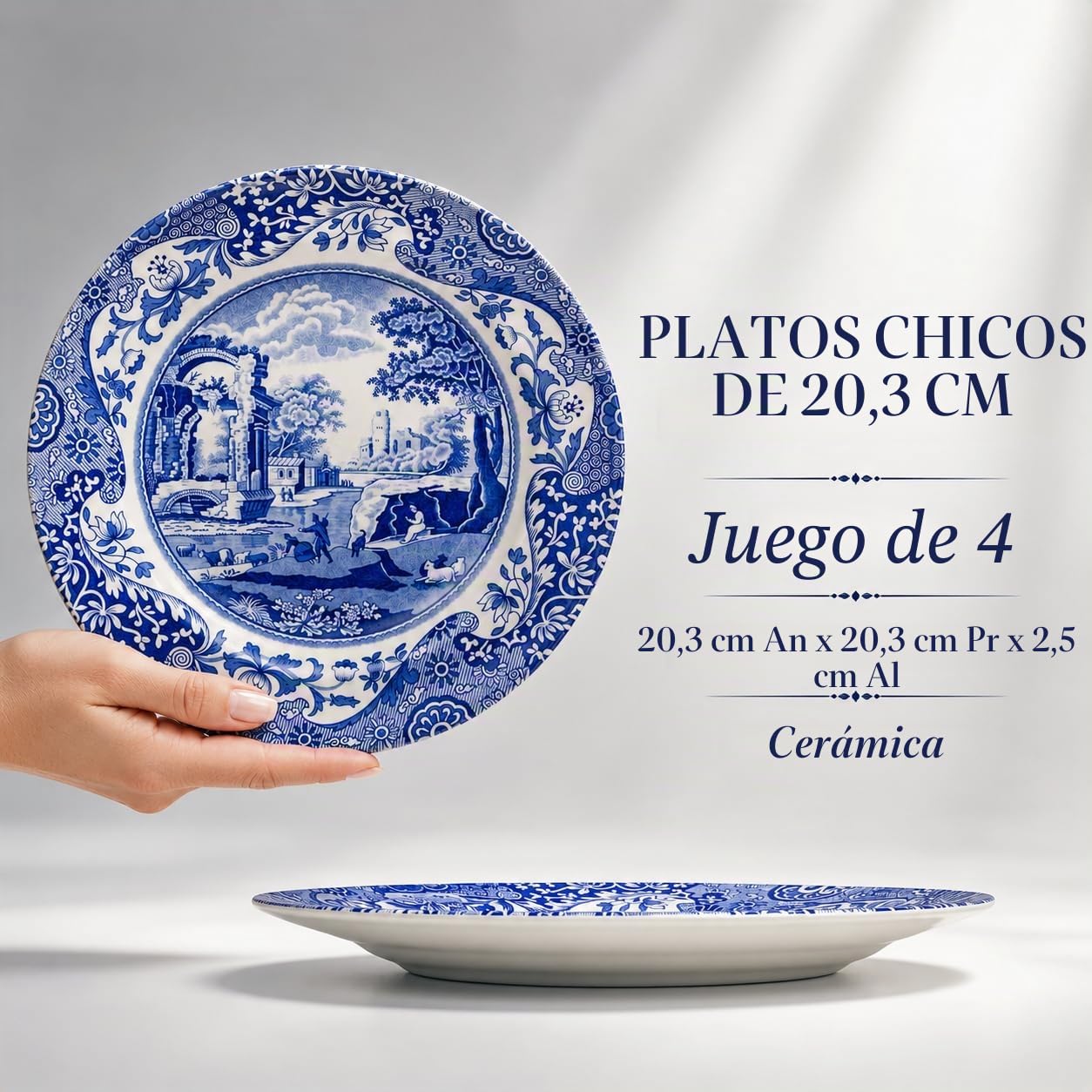 Spode Juego de 4 platos de ensalada italianos azules, 7.25", loza fina, fabricado en Inglaterra, apto para lavavajillas (azul/blanco, 8")