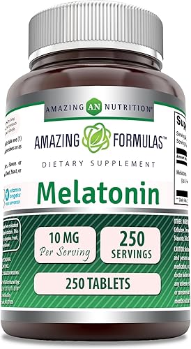 Amazing Formulas Suplemento de melatonina  10 mg por porción  250 tabletas  Sin OMG  Sin gluten  Fabricado en Estados Unidos