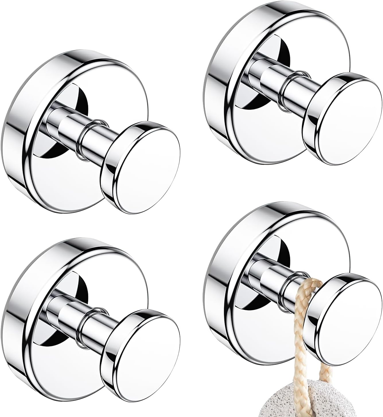 Suction Cup Hooks for Bathroom – Reusable Towel and Loofah Shower Hooks, No-Drill Mounting on Glass Doors, Tile, Mirrors (Matte Black, Chrome, 4-Pack)