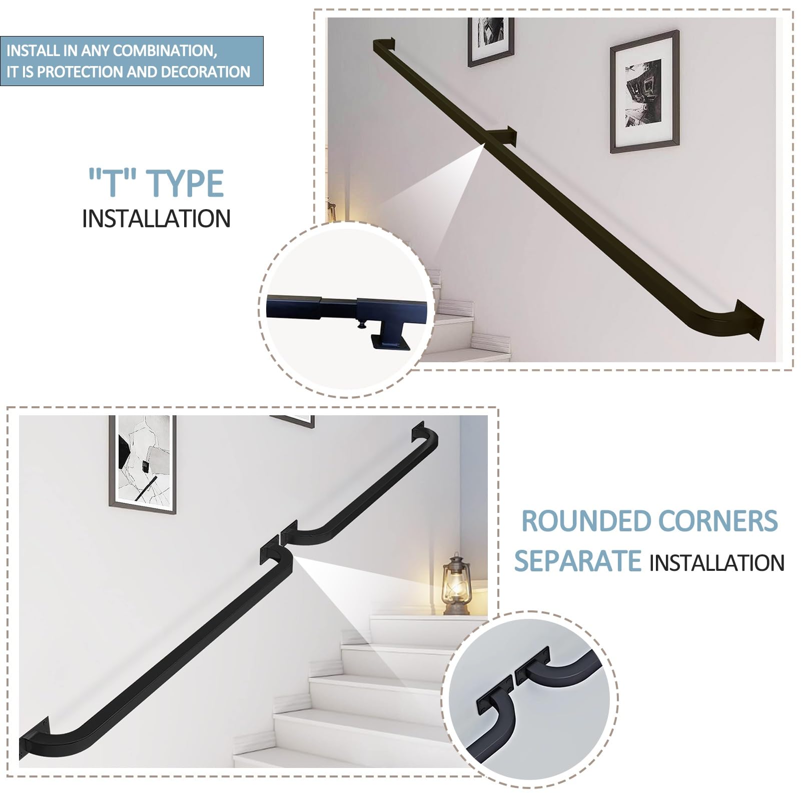 Kit de barandilla de acero inoxidable, tubo cuadrado negro, barandilla de escalera de 240 cm, con soportes de hierro, balaustrada de pared y soporte de riel de pie para escaleras