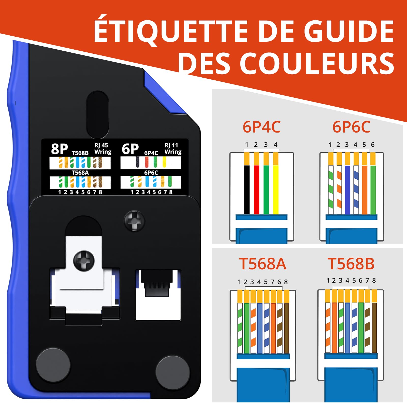 GETLITOOL Kit D'Outils de Sertissage RJ45 Pince à Sertir pour Réseau Ethernet,avec 60 Connecteurs Traversants RJ45/Cat5/Cat6/Cat6a/Cat7,60 Couvercles de Protection,Réseau Domestique DIY Bleu