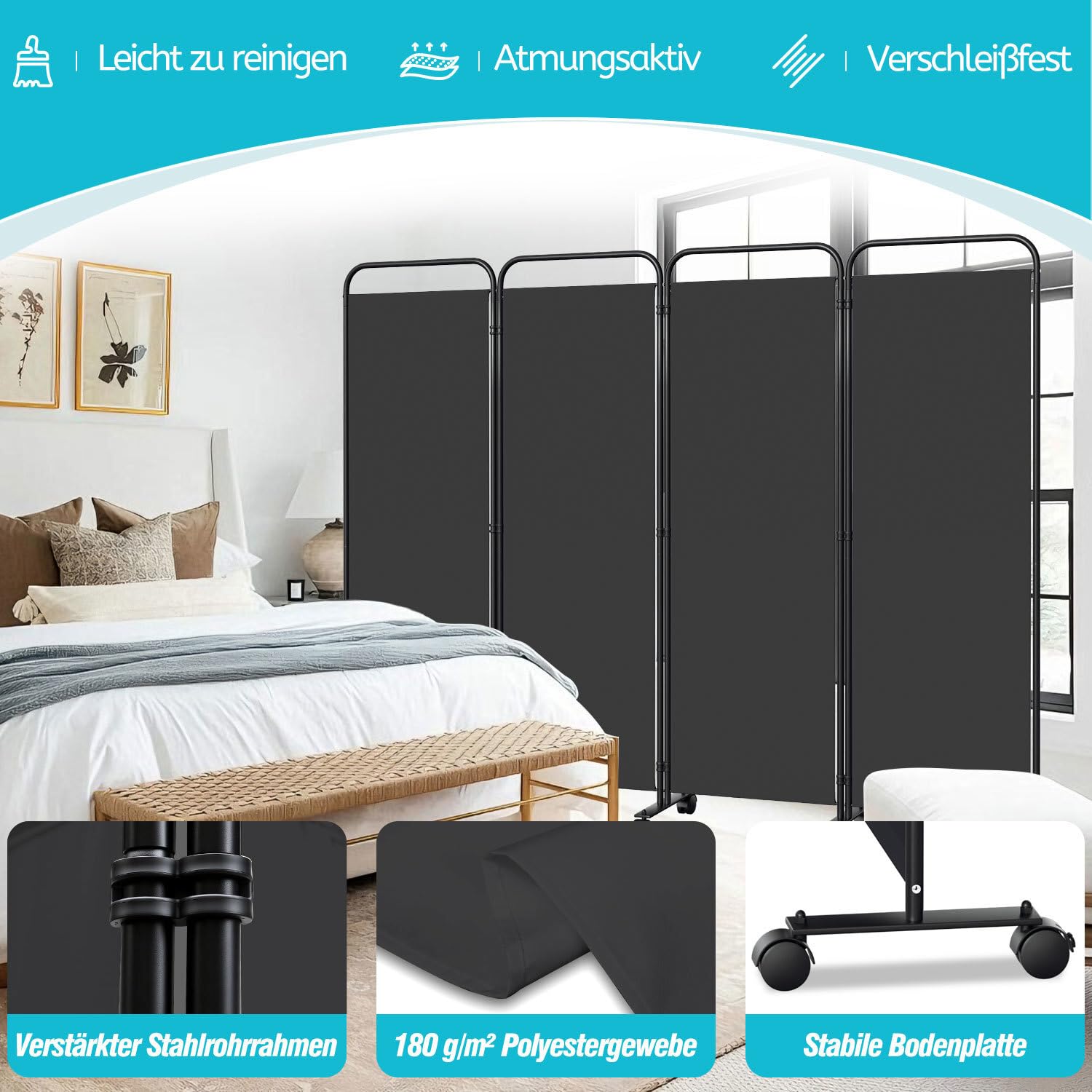 Paravent de séparation de pièce pliable sur roulettes - 4 pièces - 228 x 180 cm - Séparateur de pièce autonome pour bureau et chambre à coucher - Anthracite