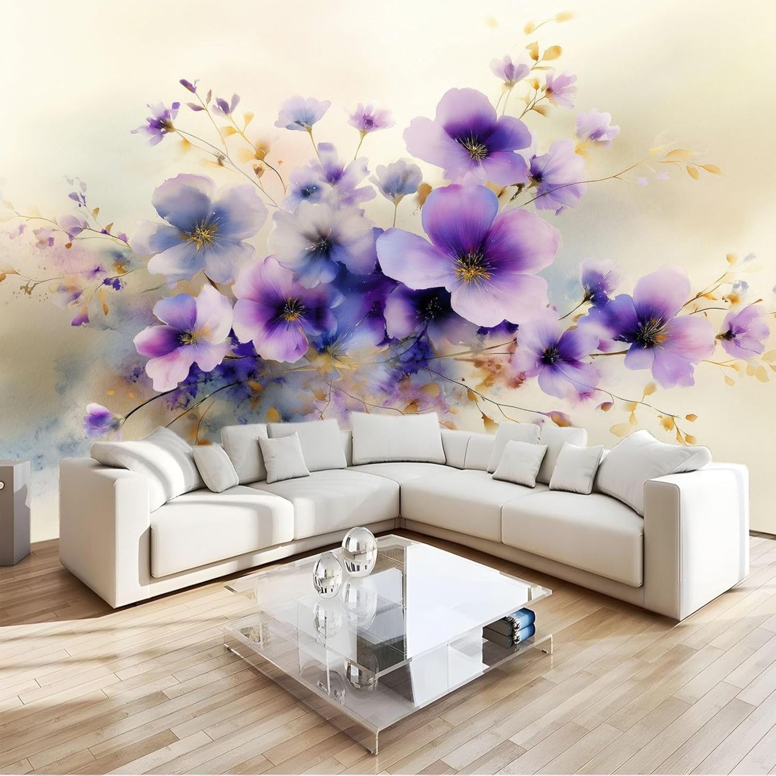 hgjdjhnf Photo Wallpaper Dreamy Purple Flowers Wallpaper Non-Woven Wall Decoration Wallpaper Decoration Study Room Living Room Restaurant Cafe Beige,250cmx175cm Stickers - Frameless Painting - Poster