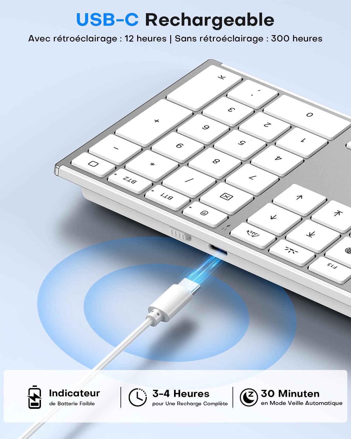 OMOTON Aluminium Clavier sans Fil Mac, 2.4G & Bluetooth (BT1/BT2), Clavier Rétroéclairé AZERTY pour Apple Macbook Pro/Air, Mac Mini, iMac, iMac Pro, Rechargeable Silencieux, Argent