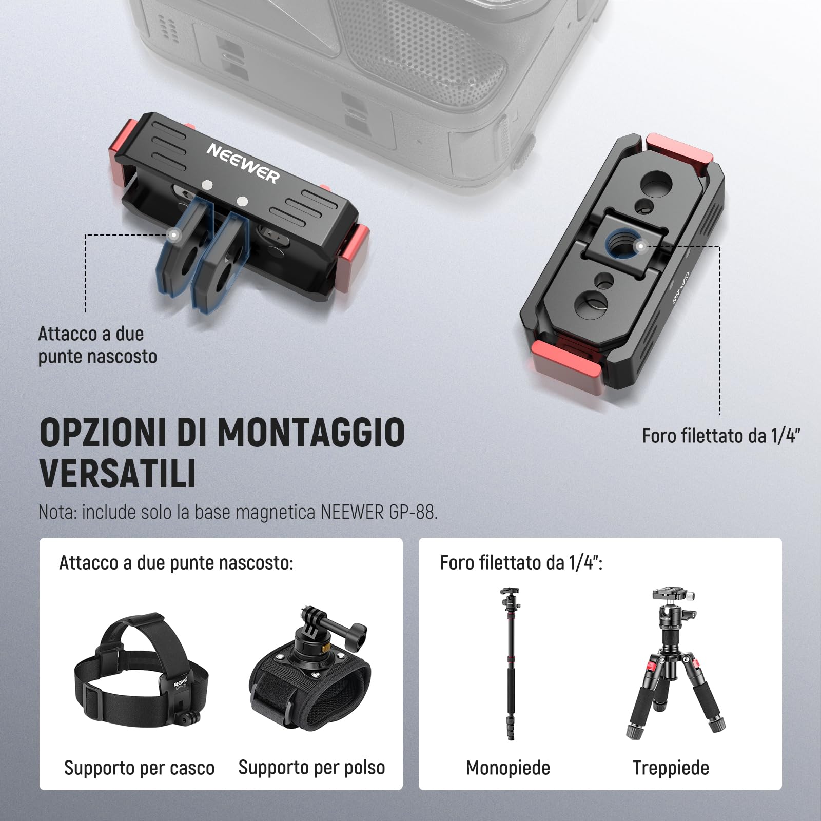 NEEWER Supporto Sgancio Rapido Compatibile con Insta360 X5 X4 X3 AcePro AcePro 2, Adattatore Magnetico con Vite 1/4" e Foro Filettato, Attacco 2 Punte Compatibile con GoPro Accessori Action Cam, GP-88