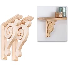 WADDELL Scroll Brackets Set of 2, 8.5" x 6" x 1.5" | Pre-Installed Keyhole Plates & Mounting Hardware Included | DIY Home Decorative Unfinished Hardwood Indoor Corbels | Pair Supports up to 10 Lbs.