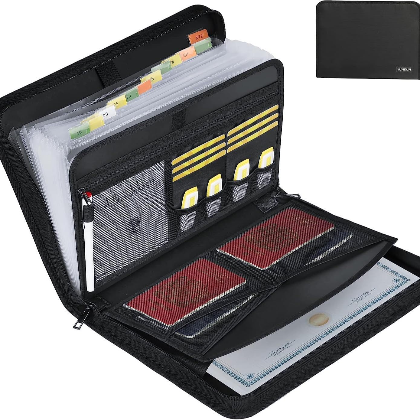 Fireproof Document Box with Lock, Document Organiser Hard-Shell Waterproof, Portable A4 Expanding File Folder 13 Pockets with Zipper Handles & Labels for Home Office School, Black