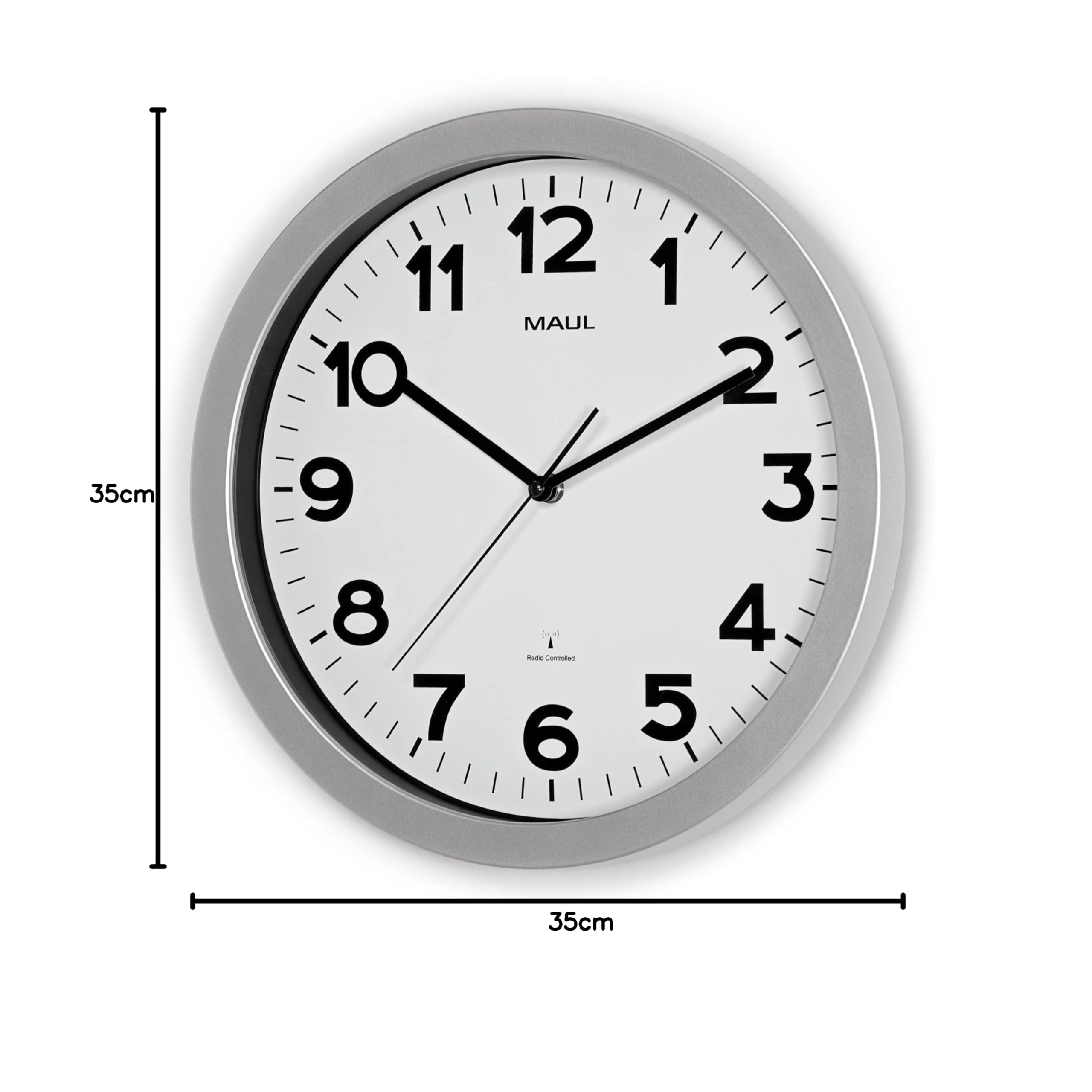 MAUL Funk Wanduhr silber MAULstep 35 cm analog leise mit Mineralglas | automatische Zeitsynchronisation, gut ablesbare Zahlen, leiser Lauf für Büro und Zuhause, robuster Rahmen, Batterie enthalten