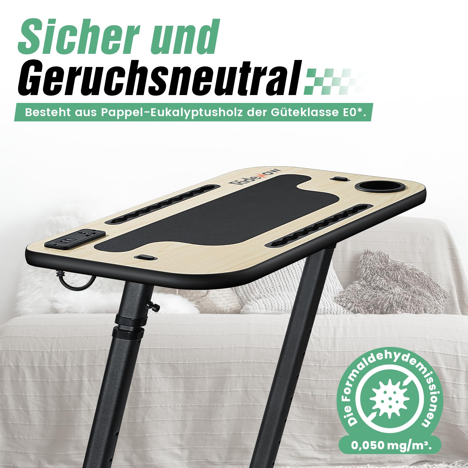RideNow Rollentrainer Tisch, Verstellbarer Fahrradtisch mit Rollen | Laufbandtisch, Rutschfester Holz-Arbeitsfläche mit Steckdosen, Steckplatz für Tablet oder Telefon, Getränkehalter