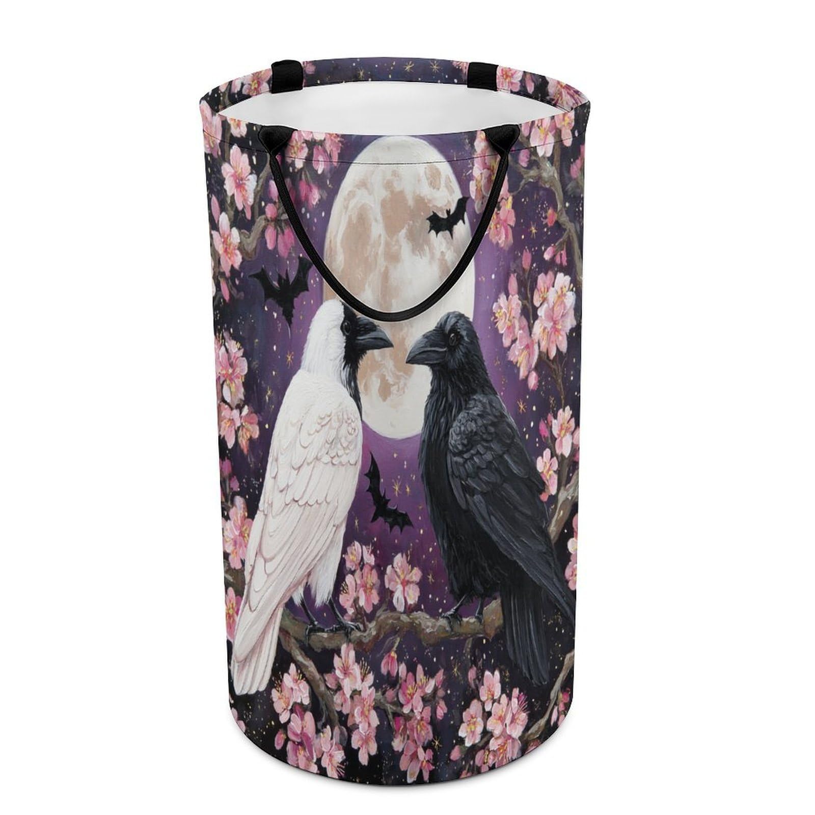 LUYYSKY Vintage Fantasy Crow Couple Versatile Storage Laundry Basket, Gothic Oil Painting Full Moon Japanese Cherry Blossom Animal Bat Large Bathroom Laundry Hamper With Handle-40 CM Dia, 69 CM High