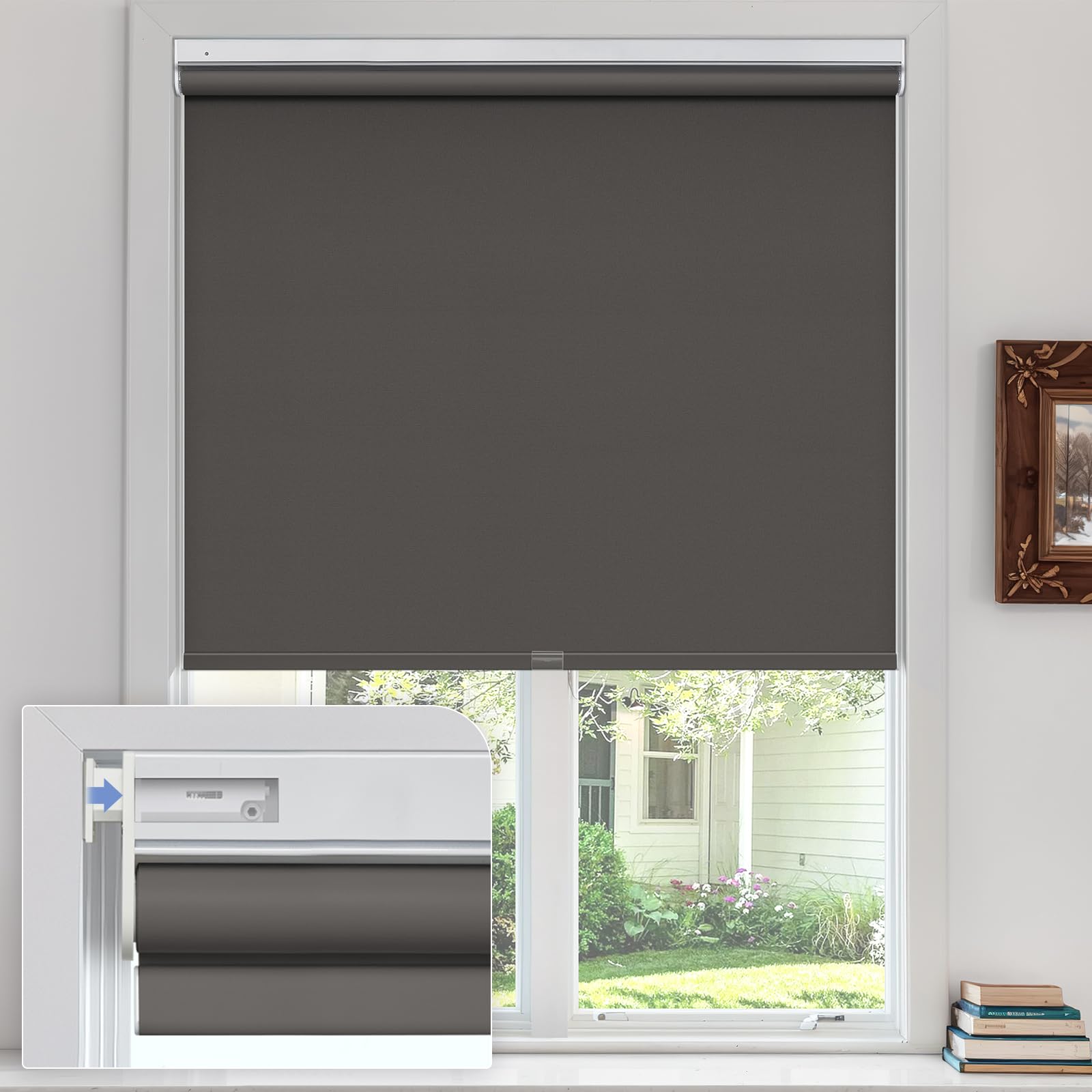 UrMoon Blackout Roller Blinds for Windows, No Drill Cordless Blind Easy Fit Room Darkening Shades Trimmable UV Protection Thermal for Home Office (Blackout - Dark Brown, 64cm W x 200cm H) — image 1