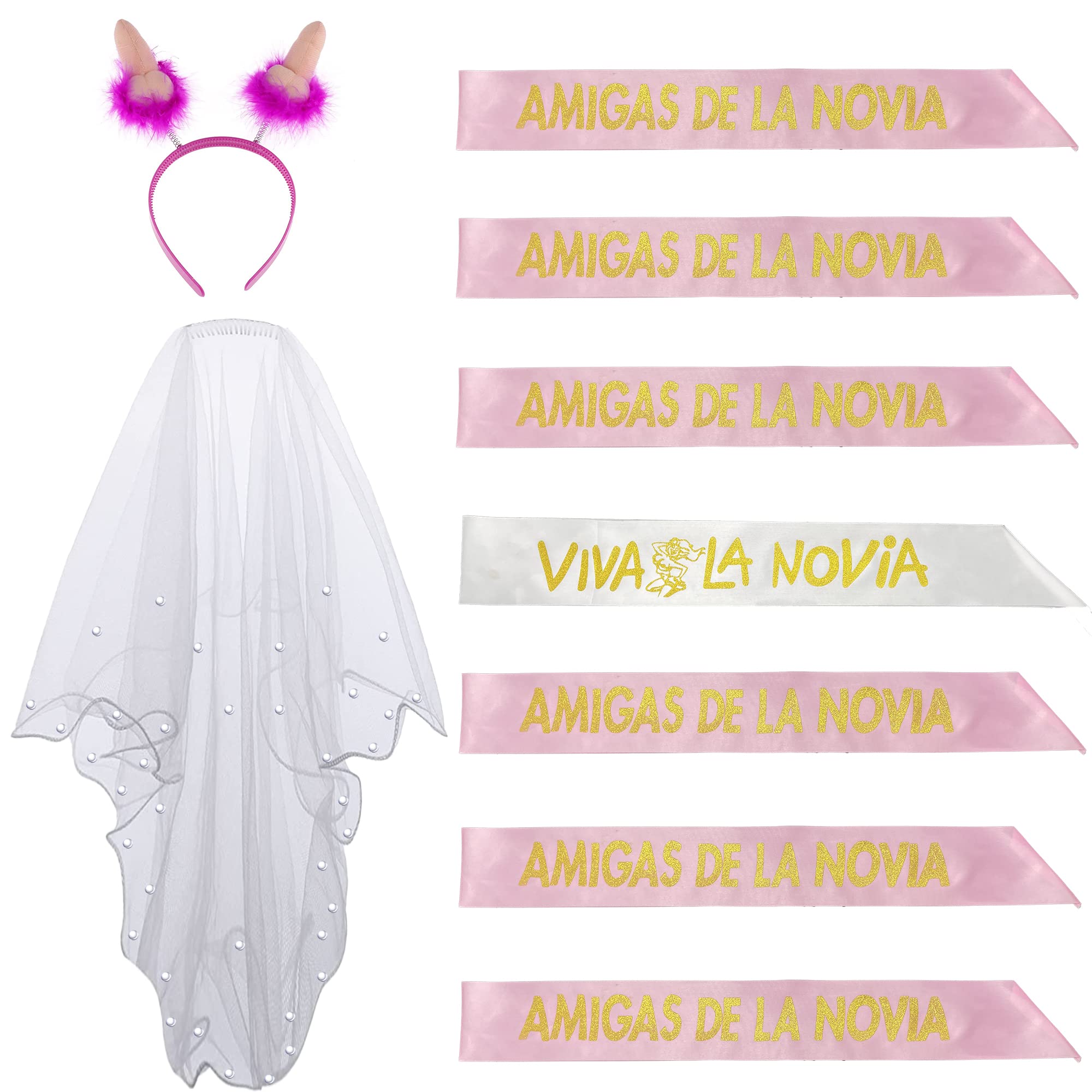 Bandas Despedida Soltera, Fajas de Satén para Novia y Sus Amaigas, Velo Blanco de Novia con Peine, Broche Insignia Novia, Diadema de Broma, Accesorios de Tema Bride para Fiestas y Disfraces