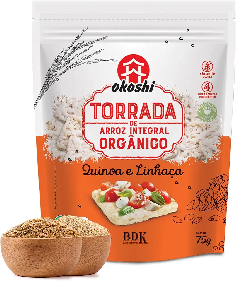 OKOSHI - Torrada de Arroz Integral Orgânico Quinoa e Linhaça - Bolacha de arroz, Snacks Fit de Baixa Caloria - Vegano, Sem Açúcar, Baixo Sódio, Sem Glúten, Sem Lactose, Sem Gordura Trans, Kosher - 75g