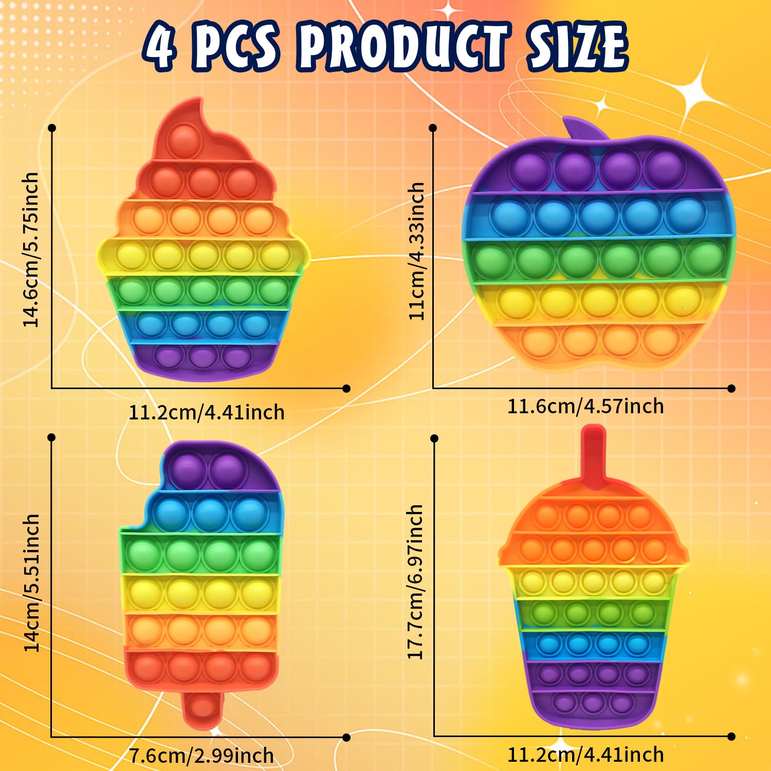 Zestaw 4 zabawek Pop Bubble Fidget Toy, silikonowe, tęczowe, sensoryczne zabawki, lody, jabłko, kubek, ulga lękowa, autyzm, antystresowe, urodziny, dla dzieci i dorosłych